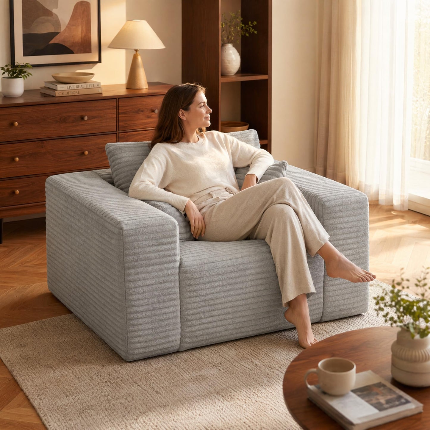 Trygoal Boneless Single Sofa Chair for Adult, Corduroy Cloud Lounge Chair with 2 Pillows & Wide Armrests, High-Density Foam Reading Couches for Living Room & Office, No Assembly Required, Light Gray