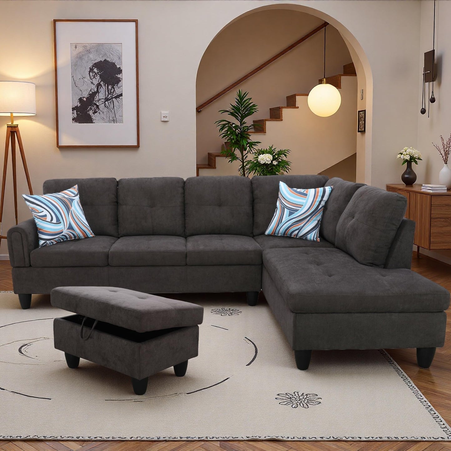 Topcomfy 97.5" L Shaped Couch Set, Modular Sectional Couches for Living Room with Storage Ottoman, 4 Seat Home Sofa Living Room Furniture Sets with Chaise for Apartment Office (Linen, Dark Brown)