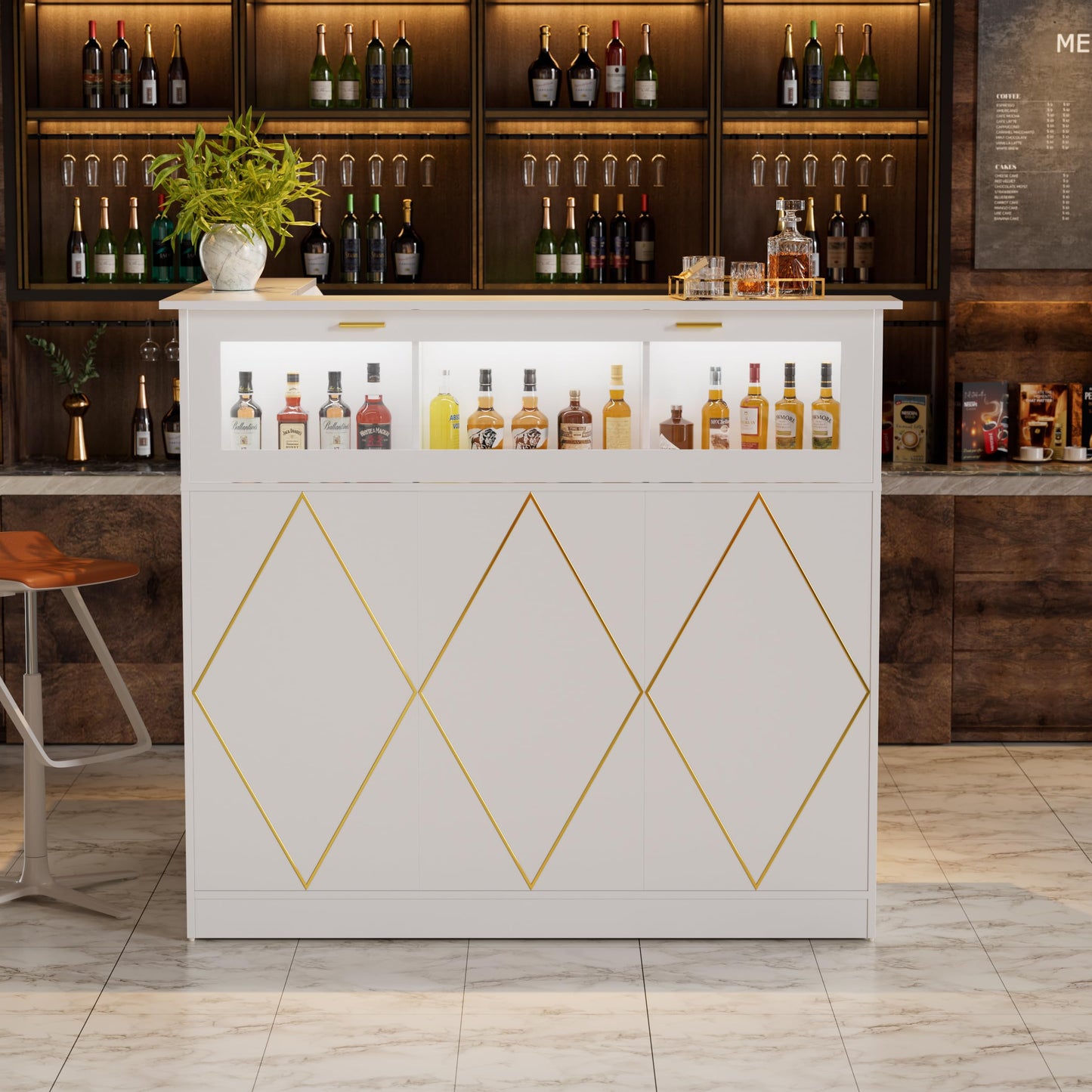 PAKASEPT Reception Desk with LED Lights, L-Shaped Modern Front Desk with Glass Display Shelf, Reception Counter Table for Lobbies, Salons, Retail, Home Offices (White)