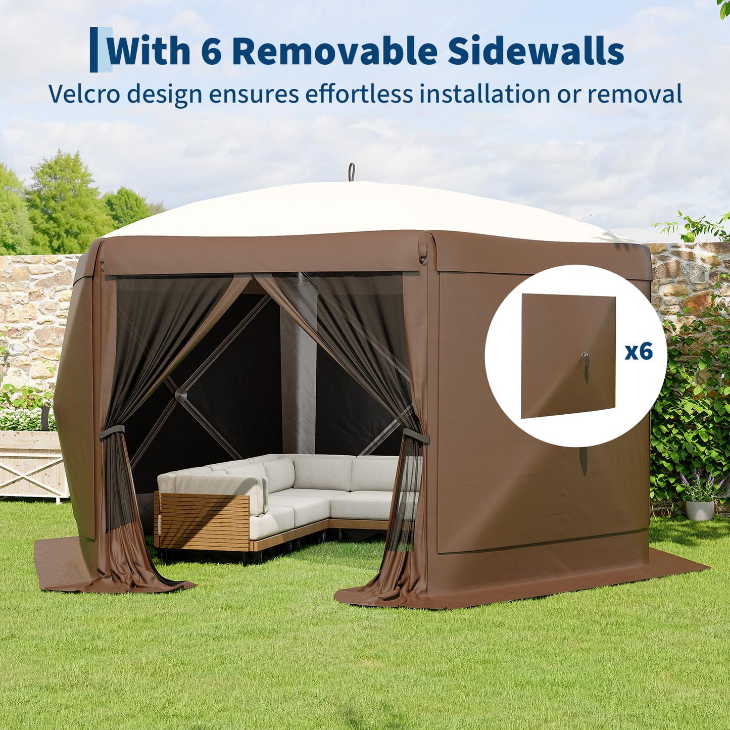 Garvee 12FT Pop-Up Gazebo 6-Sided, Outdoor Canopy Tent with Mosquito Netting & Removable Wind Cloths for Camping, Backyard Parties, Outdoor Events, Beige & Khaki