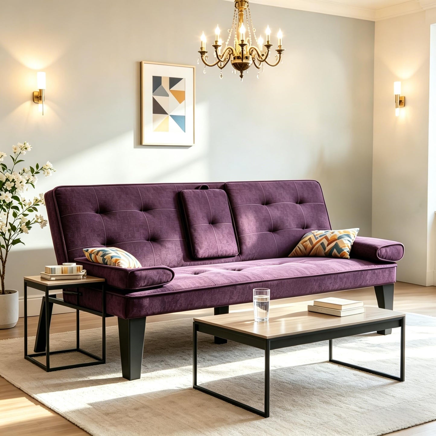 Trygoal Linen Futon Sofa Bed, Small Futon Couch Bed with Adjustable Armrest and Tufted Back, Convertible Sofa Beds with Adjustable Backreat for Small Spaces, Living Room, Apartment, Purple