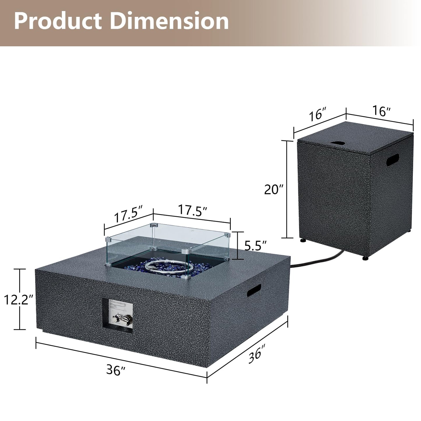 2-Piece Outdoor Propane Firepit Table Set w Tank Table, 36 inch Square Fire Table 50,000 BTU w 16 inches Tank Side Table, Wind Guard, Lava Rocks & Rain Cover for Garden, Pool, Porch, Backyard