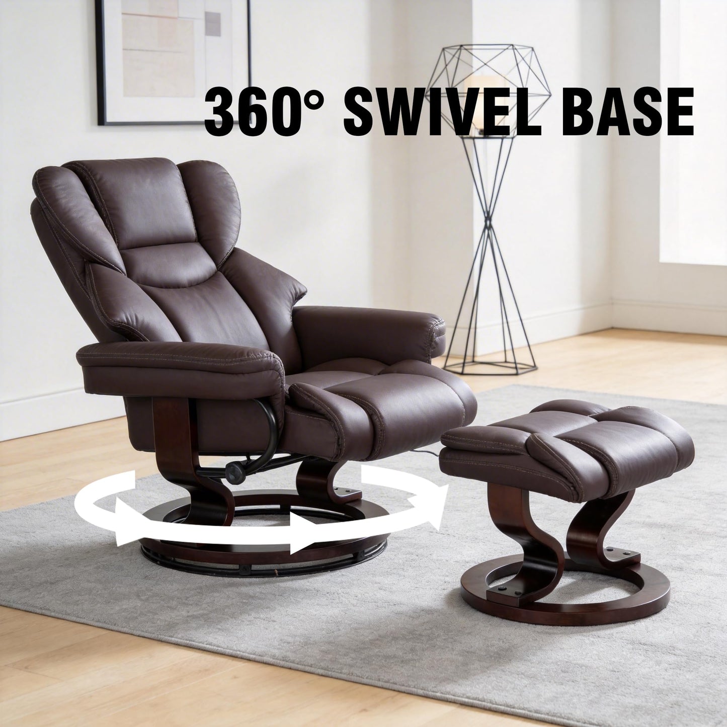 KEIKI 8-Point Massage Recliner with Ottoman for Adults, Heated Cat Scratch Faux Leather 360° Swivel Lounge Reading Chair with Bent Wood Base, Adjustable Recline for Living Room Bedroom Indoor, Brown