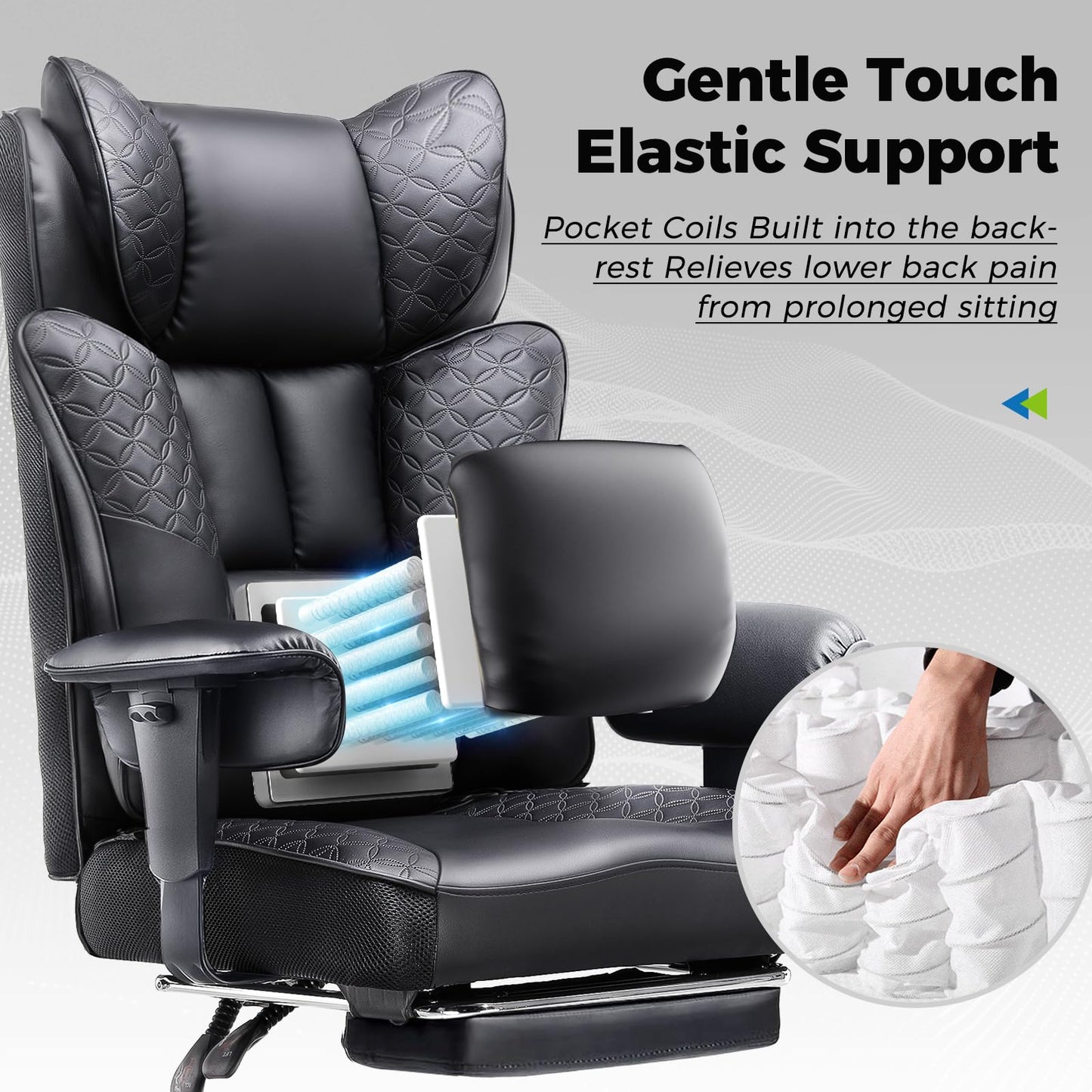 GTPLAYER Big and Tall Office Chair Wide Ergonomic Gaming Chair with Deluxe Embossing Designed Leather with Foot Rest,150°Reclining Adjustable Soft Armrests Pocket Spring Back Support and Pillow