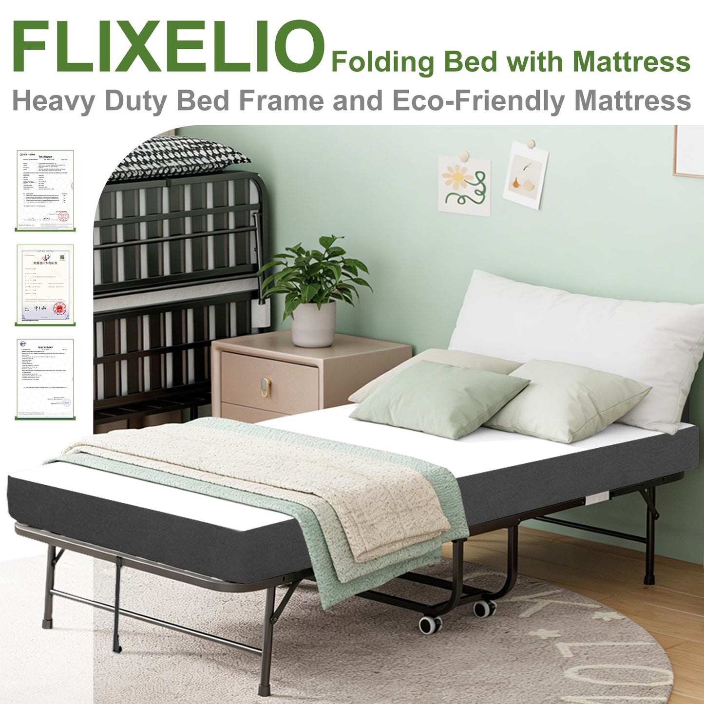 FLIXELIO Folding Bed with Mattress for Adults, 75" x 46" Rollaway Guest Bed with 5" Memory Foam and Adjustable Headboard, Heavy-Duty Steel Bed Frame Supports 500LBS, Foldable Bed with Lockable Wheels