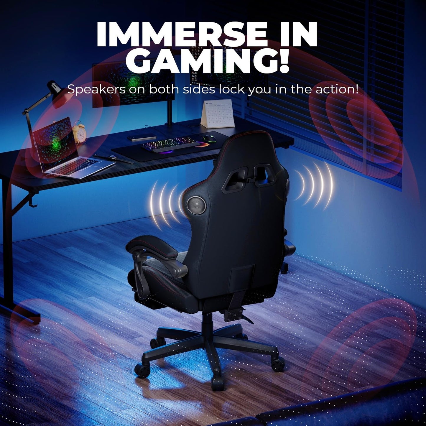 GTPLAYER ACE-PRO Music Gaming Chairs – Built-in Speakers, App Support & Bluetooth Control, Computer Game Chairs with Footrest for Adults, Ergonomic, Reclining, Linkage Armrest, Black & Red Stitch