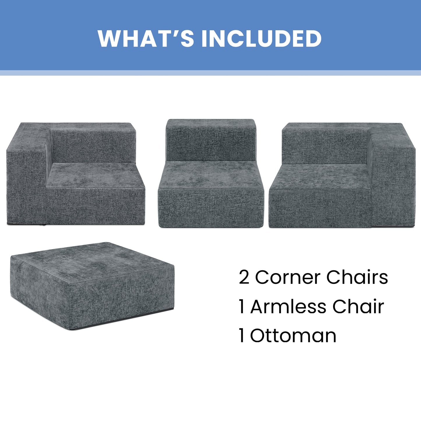 Delta Children Cozee 4-Piece Sectional Sofa Set, 20"D x 20"W x 15.5"H, Grey