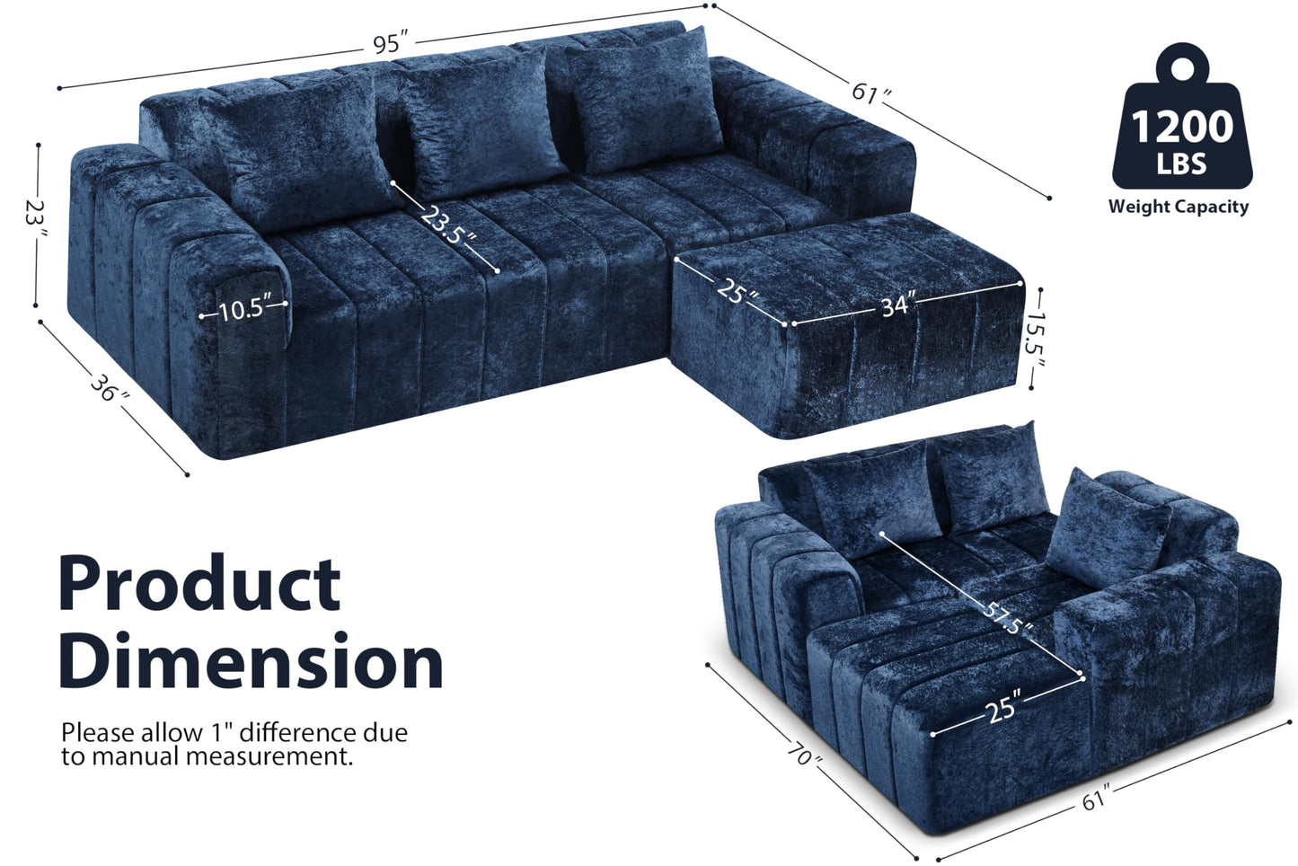 HABUTWAY 95" Modular Sectional Sofa with Chaise, L-Shaped Cloud Couch with Deep Seat, Convertible Upholstered Boneless Couch for Living Room Apartments Bedroom, No Assembly Required, Blue