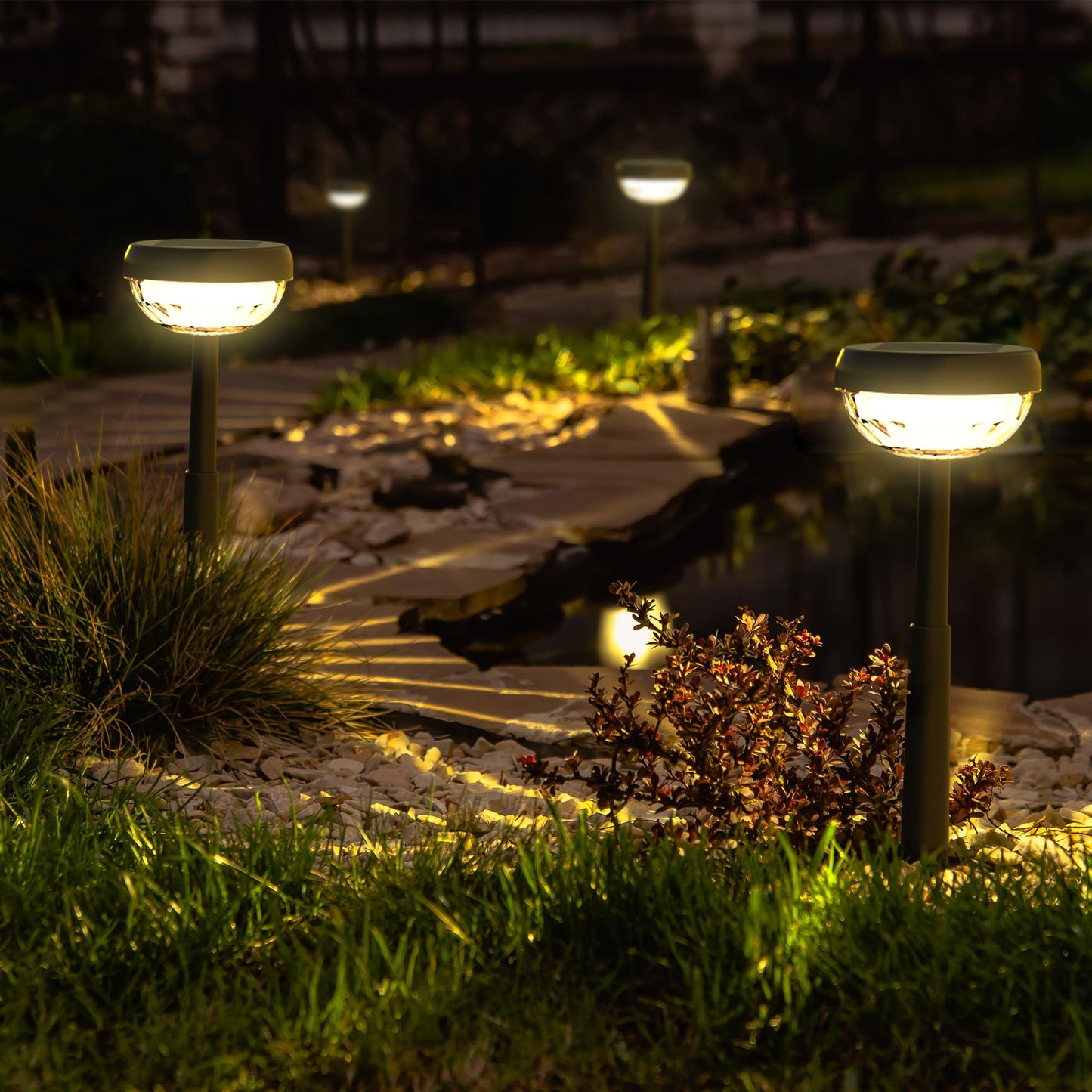Ensenior Solar Garden Lights, 10-Pack, 3000K Warm White LED, Waterproof, Adjustable Height, Plastic, Model CP4-12CM-30K-10-BL-ZY