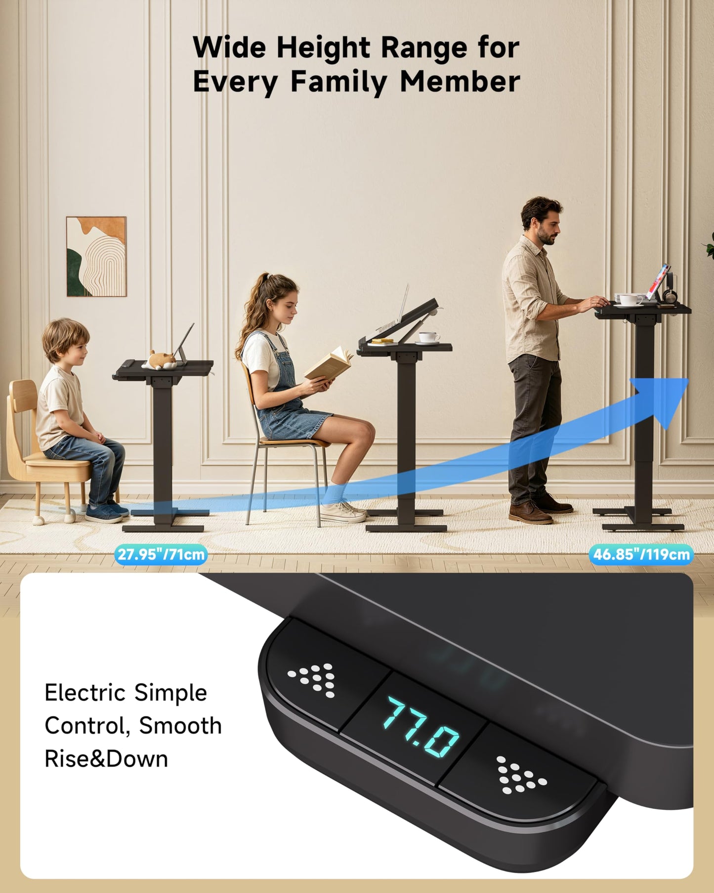 BIZUM Small Electric Standing Desk, Overbed Table Wireless Tilt Top with Hidden Wheels, 27.6×15.8 Inch Adjustable Rolling Laptop Desk, USB-C Rechargeable Battery, Black