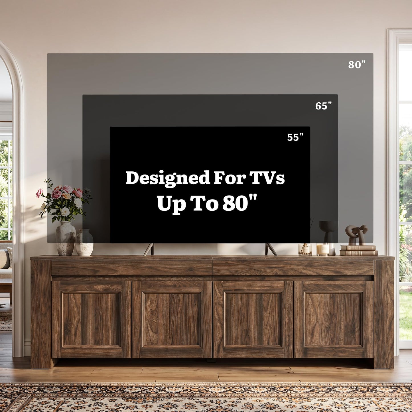YITAHOME 70 inch TV Stand for up to 80 inch TVs, Farmhouse Entertainment Center with Storage Doors and Shelves, Media Console Table with Cable Holes for Living Room, Dark Walnut