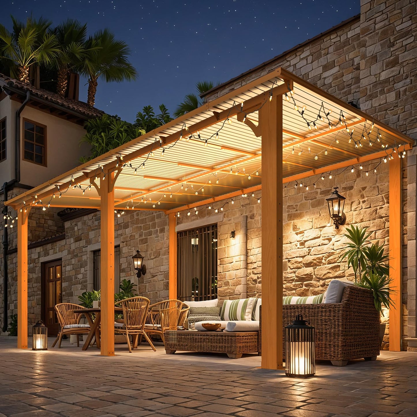 AECOJOY 14' x 10' Gazebo for Patio, Wood Grain Hard Top Lean to Gazebo Pergola with Roof (140 Sq.Ft Shaded), Large Wall-Mounted Heavy Duty Awnings for Patio, Decks, Backyard and More