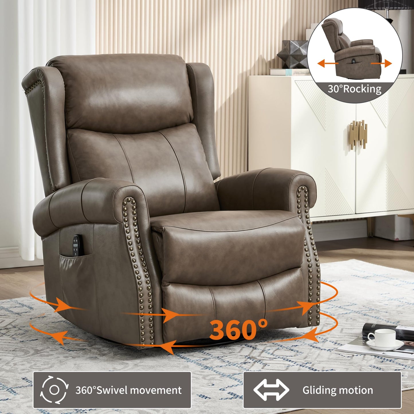 Heat Massage Manual Recliner Chair with Rocking and 360° Swivel Base, Genuine Leather Recliner Chair with Lumbar Heat, 8-Point Vibration Massage, 155° Reclining Living Room Chair for Adults, Grey