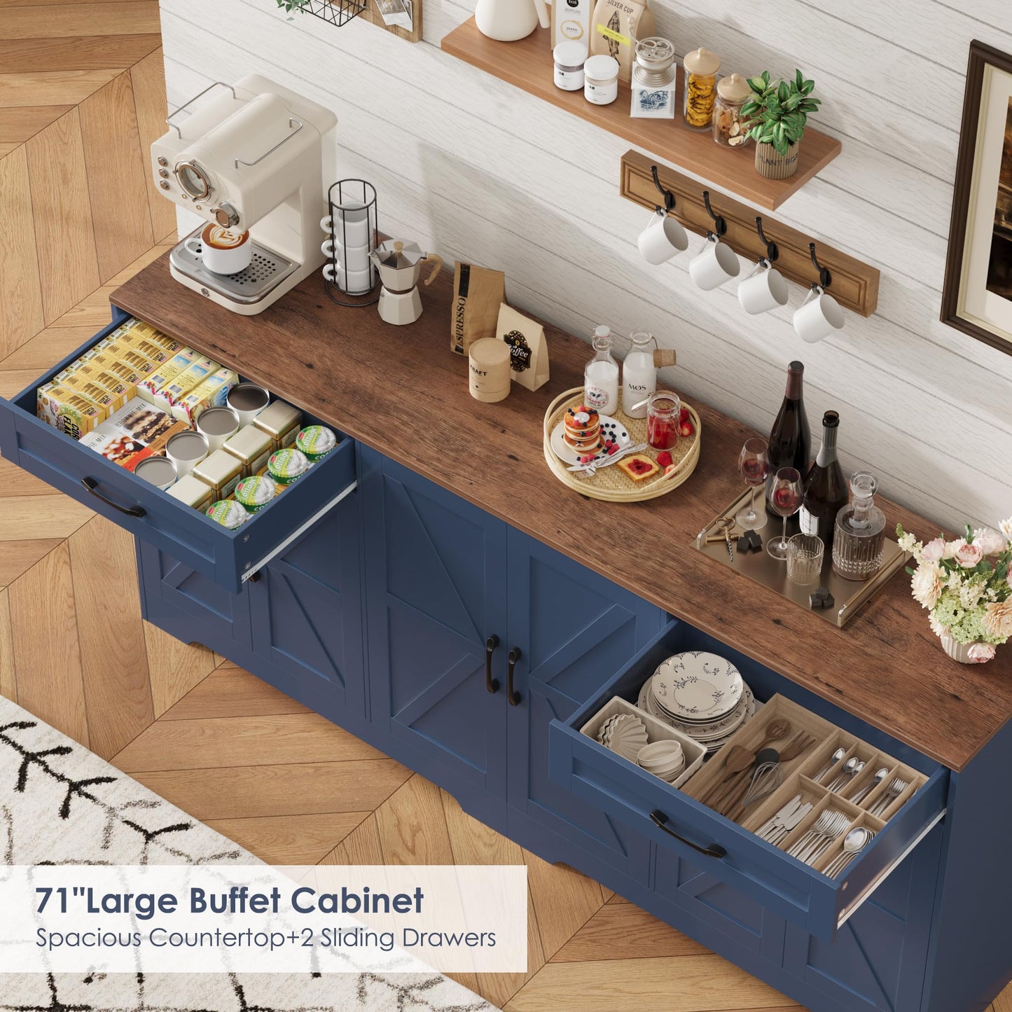 71” Large Sideboard Buffet Cabinet with Storage, Farmhouse Kitchen Buffet Cabinet with Adjustable Shelves and 6 Barn Doors, Wood Coffee Wine Bar Console Table for Kitchen, Dining Room, Navy Blue