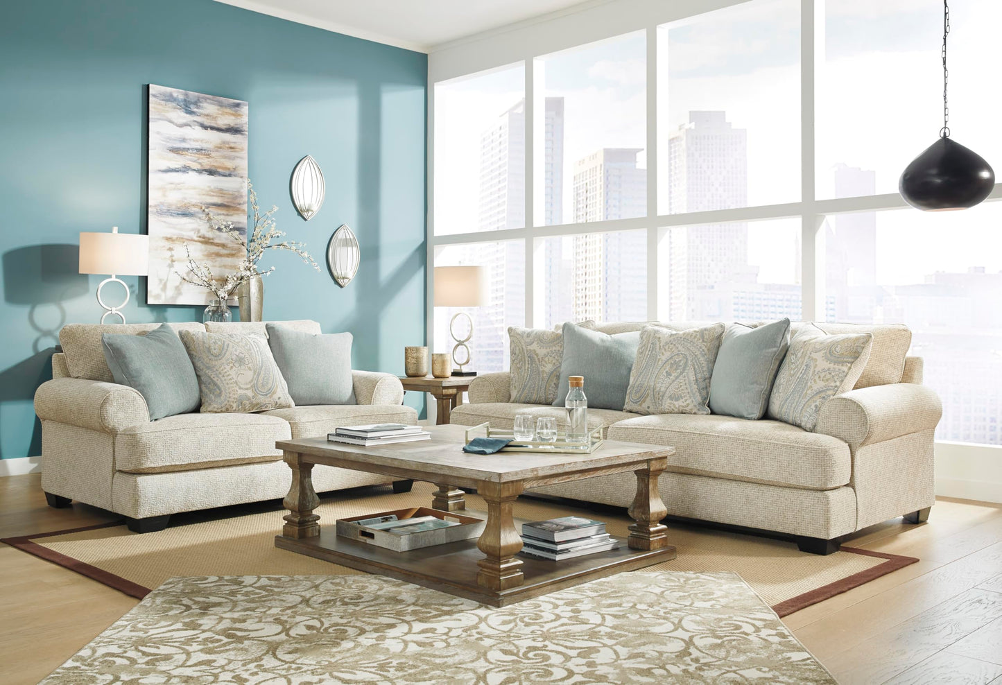 Signature Design by Ashley Monaghan Vintage Loveseat with Accent Pillows, Reversible Cushions and Rolled Arms, Beige