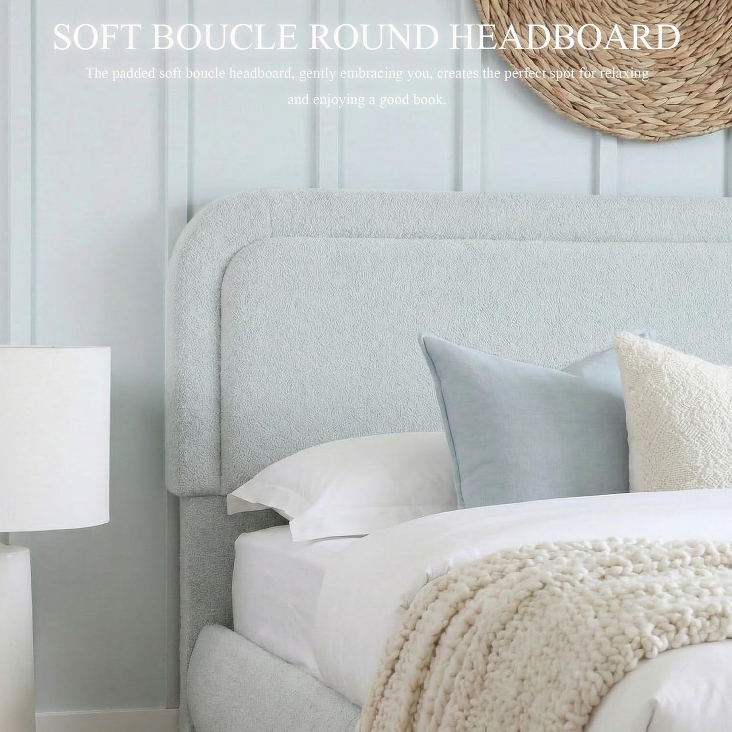 Brafab Cloud Full Size Bed Frame, Boucle Upholstered Bedframe with Rounded Corners Headboard, Solid Wood Legs, Boho Soft Bedframe Easy Assembly, No Spring Box Needed, Grey