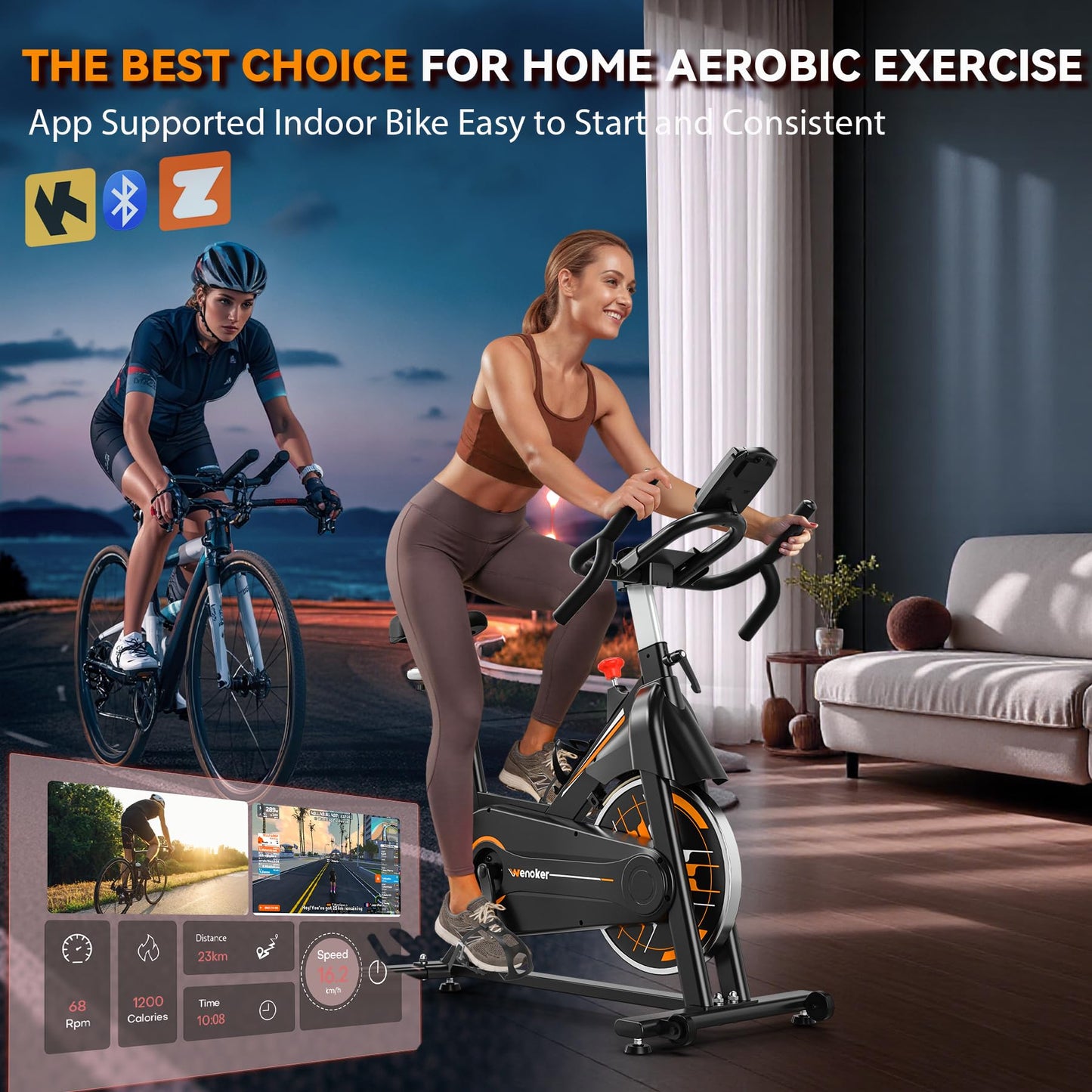 Exercise Bike, Wenoker Stationary Bike for Home, App Supported Indoor Bike with Adjustable Seat and Multi-grips Handlebar, Transport Wheels and Fitness Courses for Weight Loss