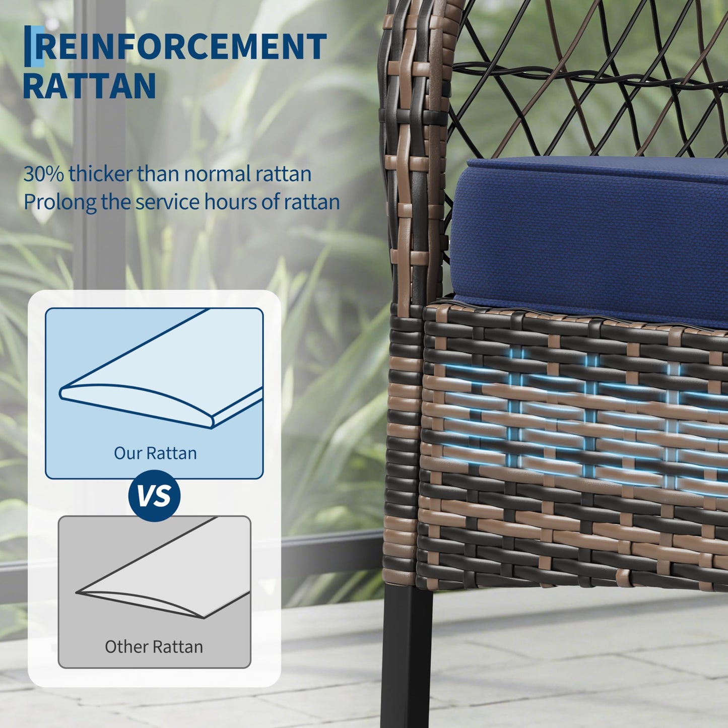 GarveeHome 3-Piece Outdoor Rocking Chair Set, Wicker Rattan Patio Furniture with Glass-Top Coffee Table, Modern Conversation Seating with Cushions for Porch, Backyard (Brown Rattan & Blue Cushion)