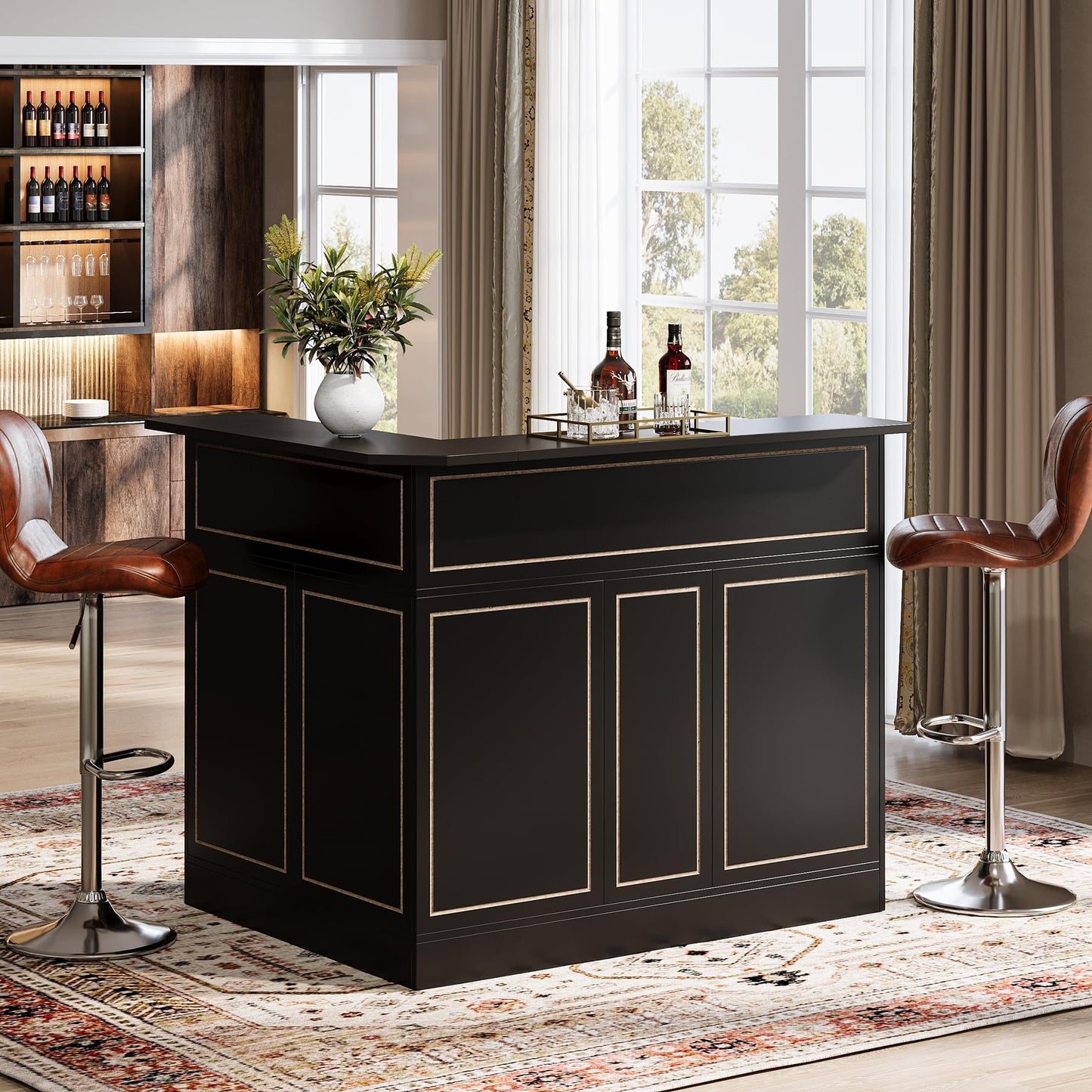 Tribesigns L-Shaped Bar Cabinet, 4-Tier Corner Bar Unit with Stemware Racks, Black