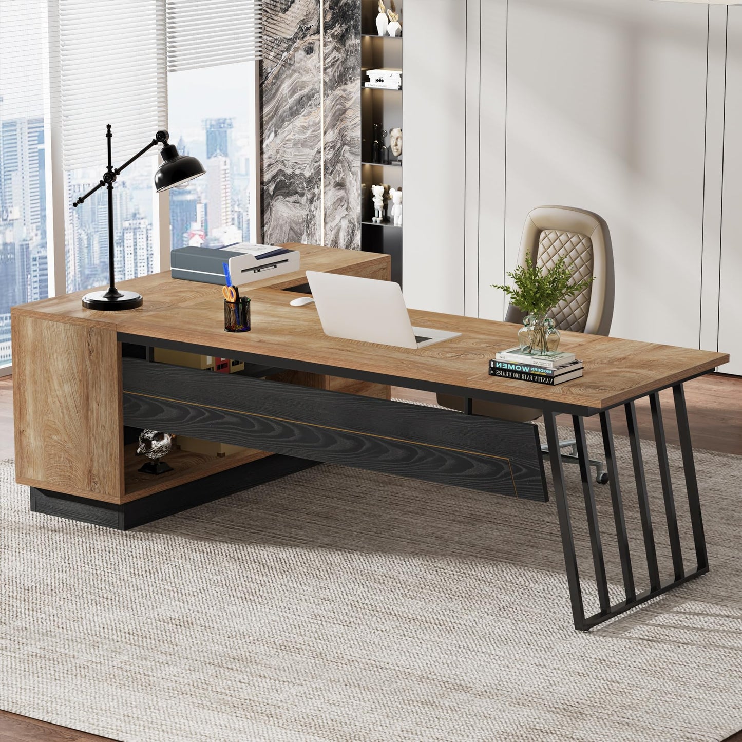 Tribesigns 71-Inch Executive Desk, L-Shaped Desk with Cabinet, Large Office Desk with Drawers and Storage Shelves, Writing Table Computer Desk for Home Office, Oak and Black