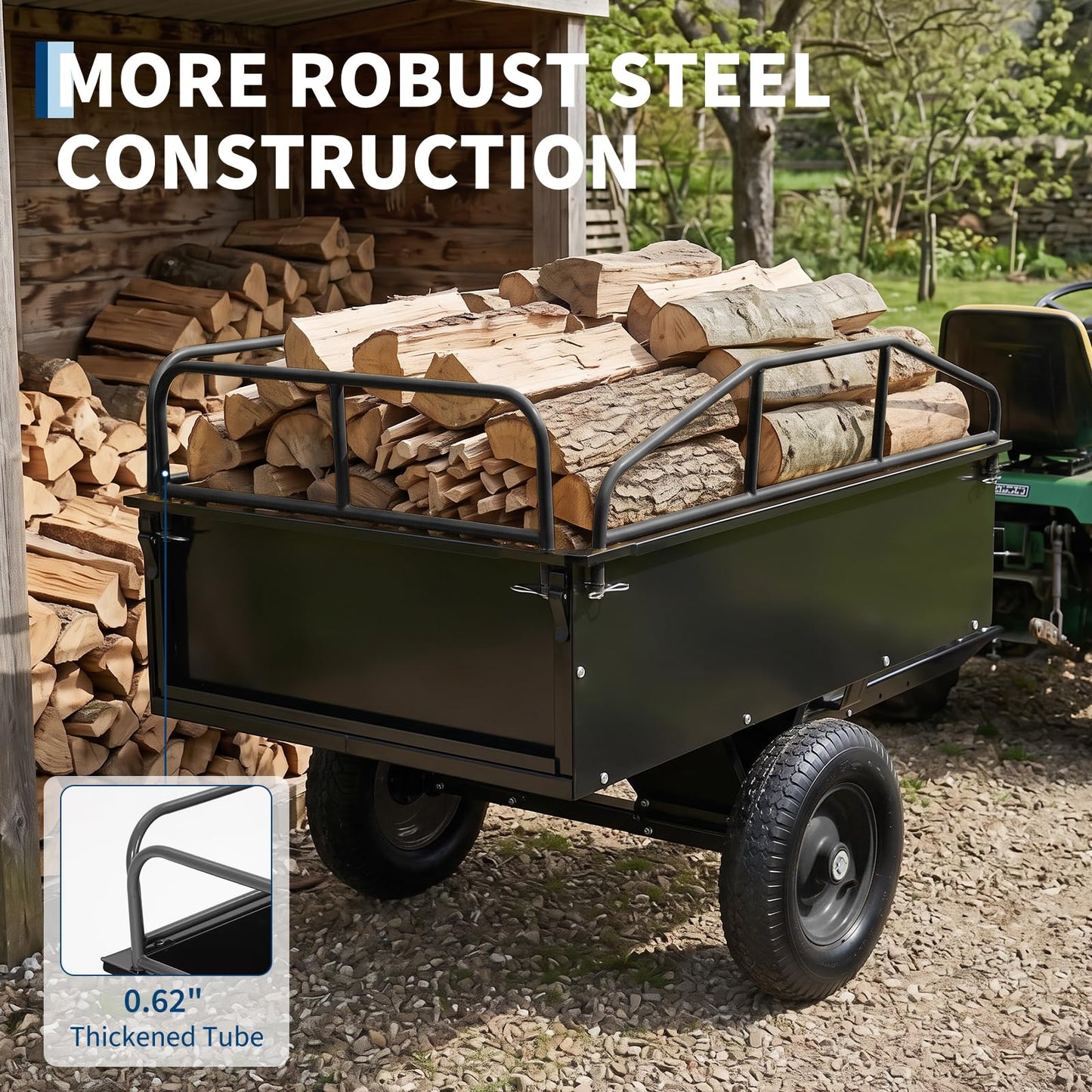 750 LBS Capacity Utility Dump Trailer, 15 Cu Ft Heavy Duty Steel Garden Dump Cart with Removable Sides, Foot Pedal & Hand Pull Design, Compatible with ATV UTV Lawn Mower Tractor