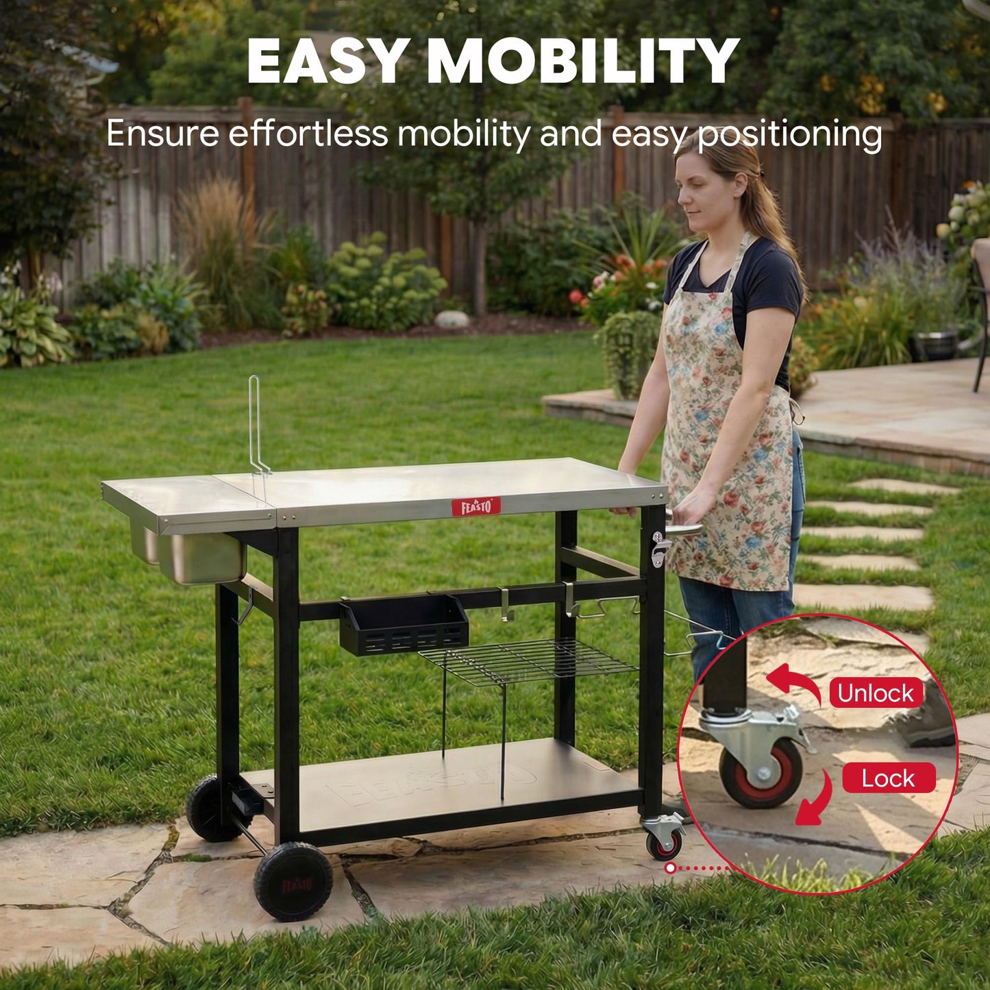 Feasto Outdoor Prep Table with One-Piece Integrated Topping Station, Food-Grade Stainless Steel Tabletop, Pizza Oven Table with Lockable Wheels for Backyard BBQ & Party