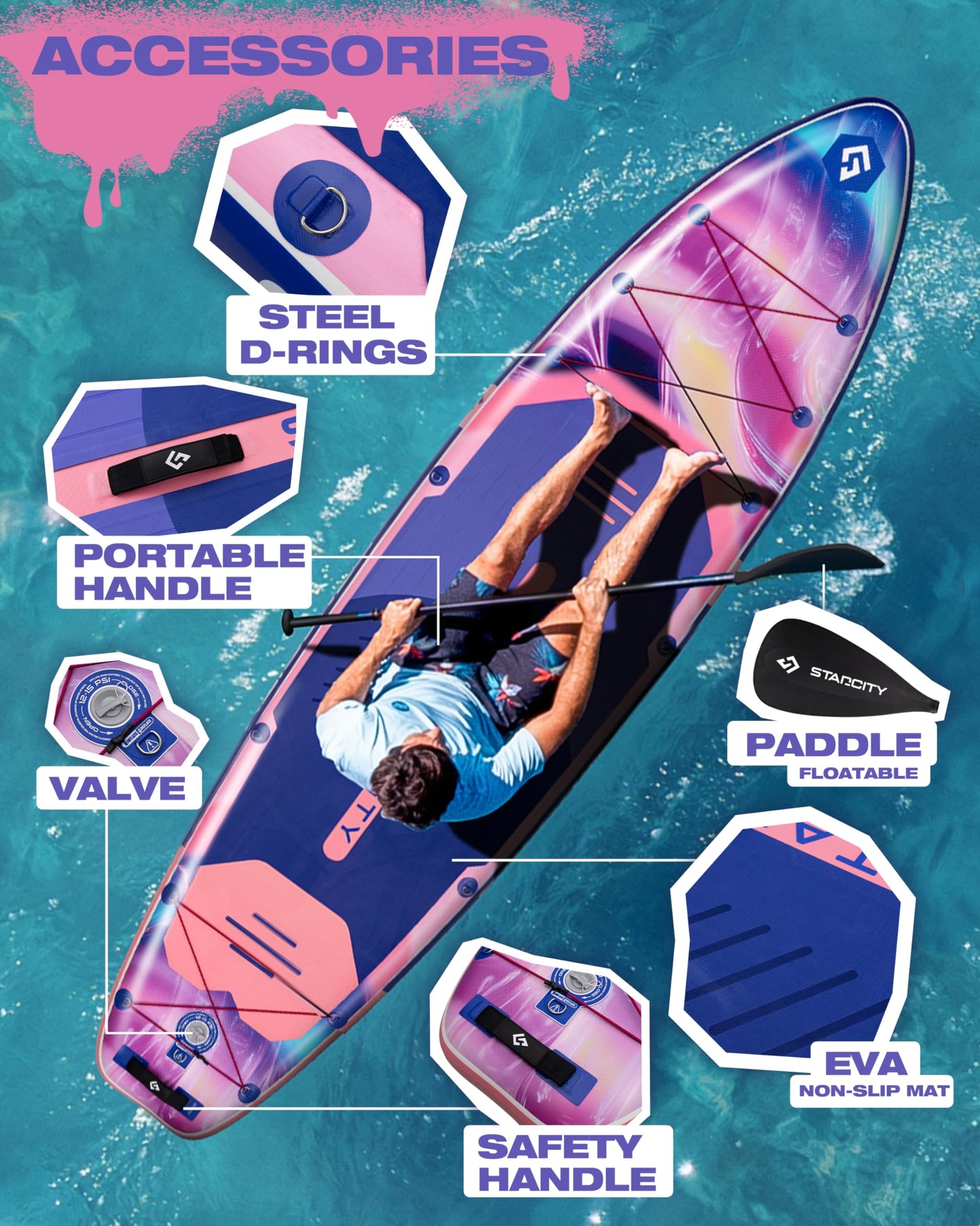 Starcity Inflatable Stand Up Paddleboard for Lake Ocean Touring Family Friendly Beginners Extra Wide High Load Design Responsive Tracking 11'6"×35"×6" 450 Pound Capacity W/Complete Accessories