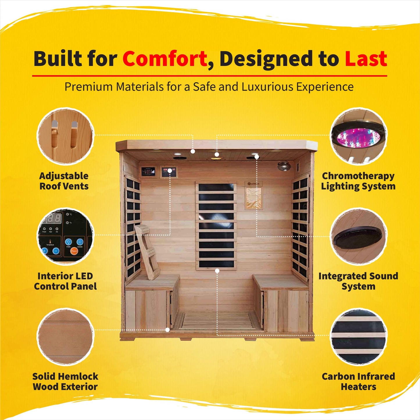 Heat Wave Sonoma 4 Person Infrared Sauna for Home - Thick Hemlock Interior with Chromotherapy Light & 9 Carbon Infrared Heaters for Energy-Efficient, Low EMF Infrared Sauna Relaxation