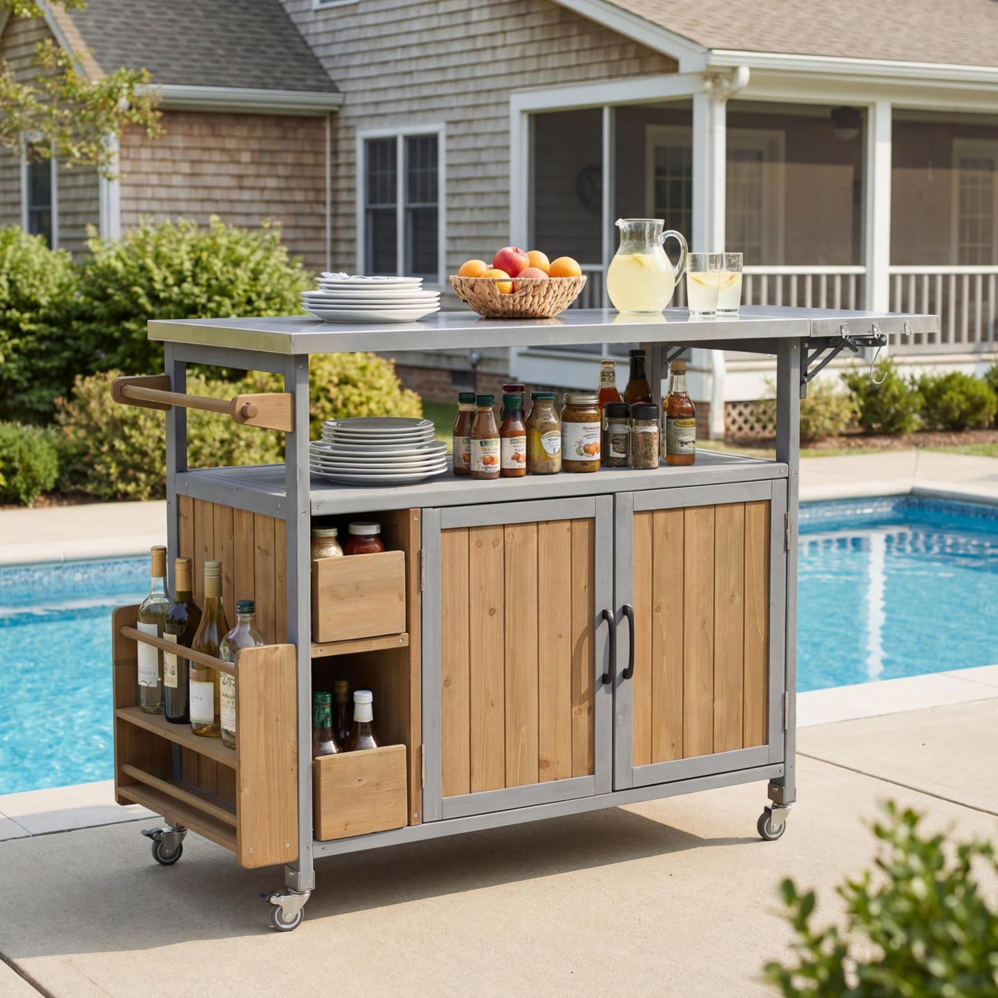 Christopher Knight Home Edsel Outdoor Bar Cart with Stainless Steel Top and Lockable Wheels, Solid Wood Outdoor Storage Cabinet, Kitchen Island Serving Cart for Poolside, Walnut Brown+Blue Gray