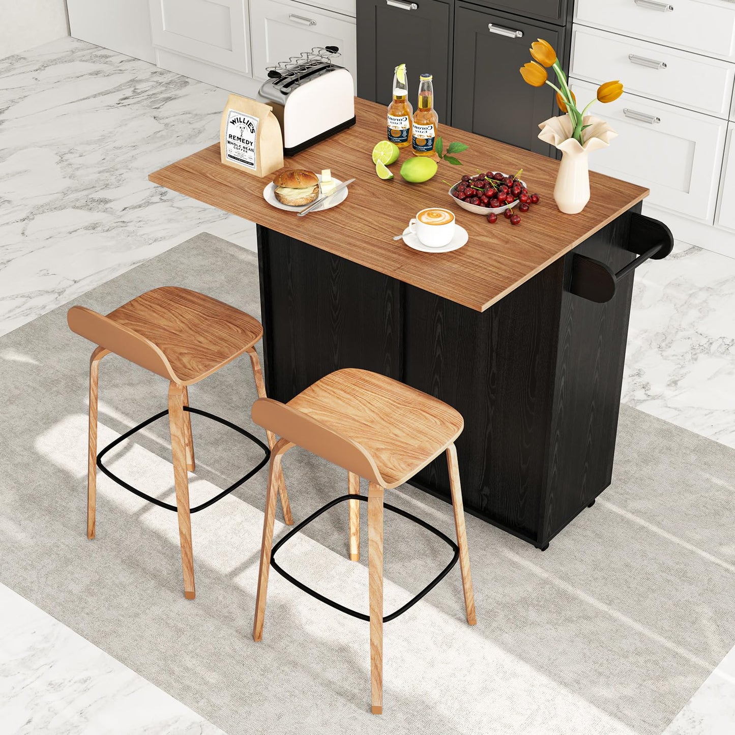 Giantex Kitchen Island Cart with Hidden Tilt Out Trash Can Cabinet, Drop Leaf, 2 Drawers, Towel Rack, Rolling Mobile Breakfast Bar Table, Wood Kitchen Storage Cart on Wheels (Black & Natural)