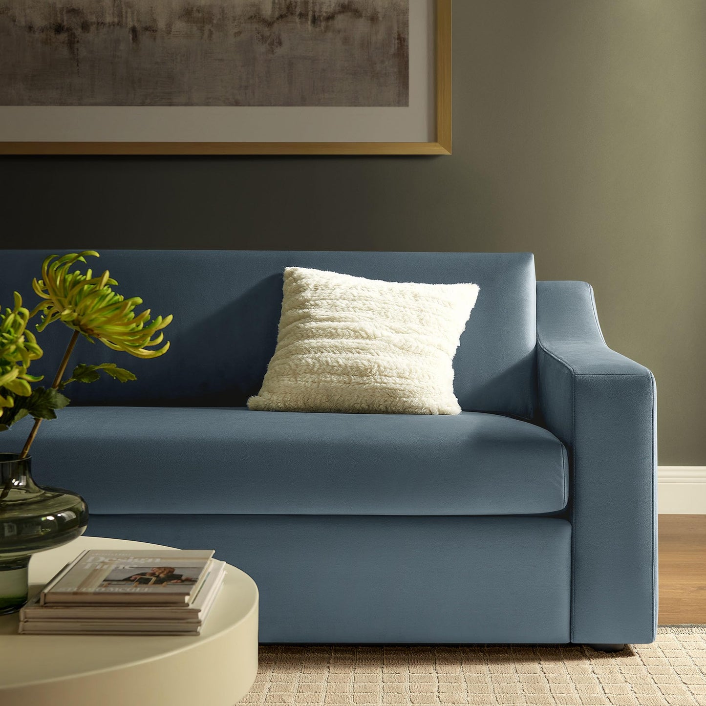 Modway Liora 87 Inch Stain-Resistant Performance Velvet Sofa in Cadet Blue - 3 Seater Upholstered Sofa Couch for Living Room Seating - Comfy Deep Seat Sofa with Scoop Arms