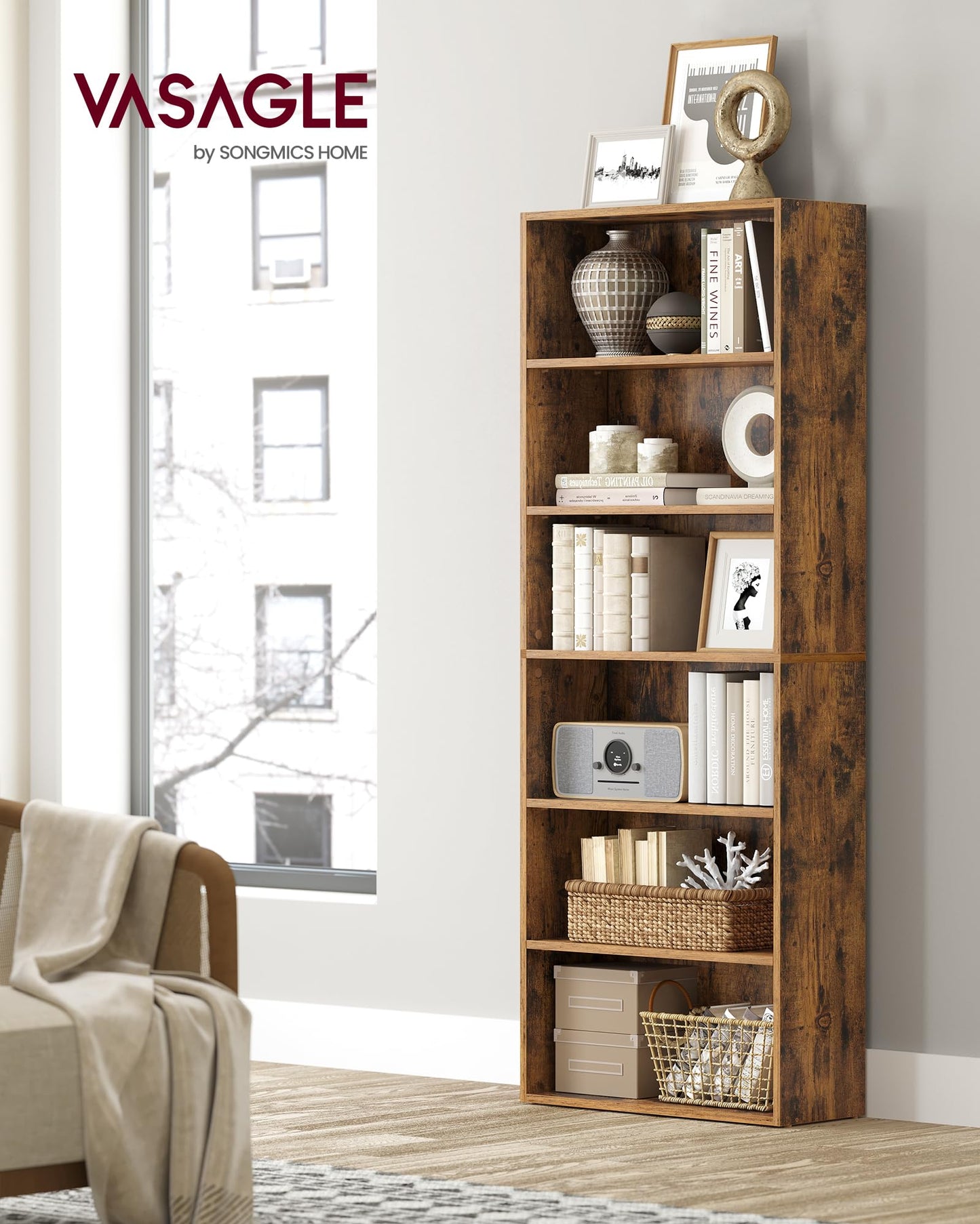 VASAGLE Set of 2 Bookshelves, 23.6 Inches Wide, 6-Tier Open Bookcases with Adjustable Storage Shelves, Floor Standing Units, Rustic Brown ULBC166X01-2