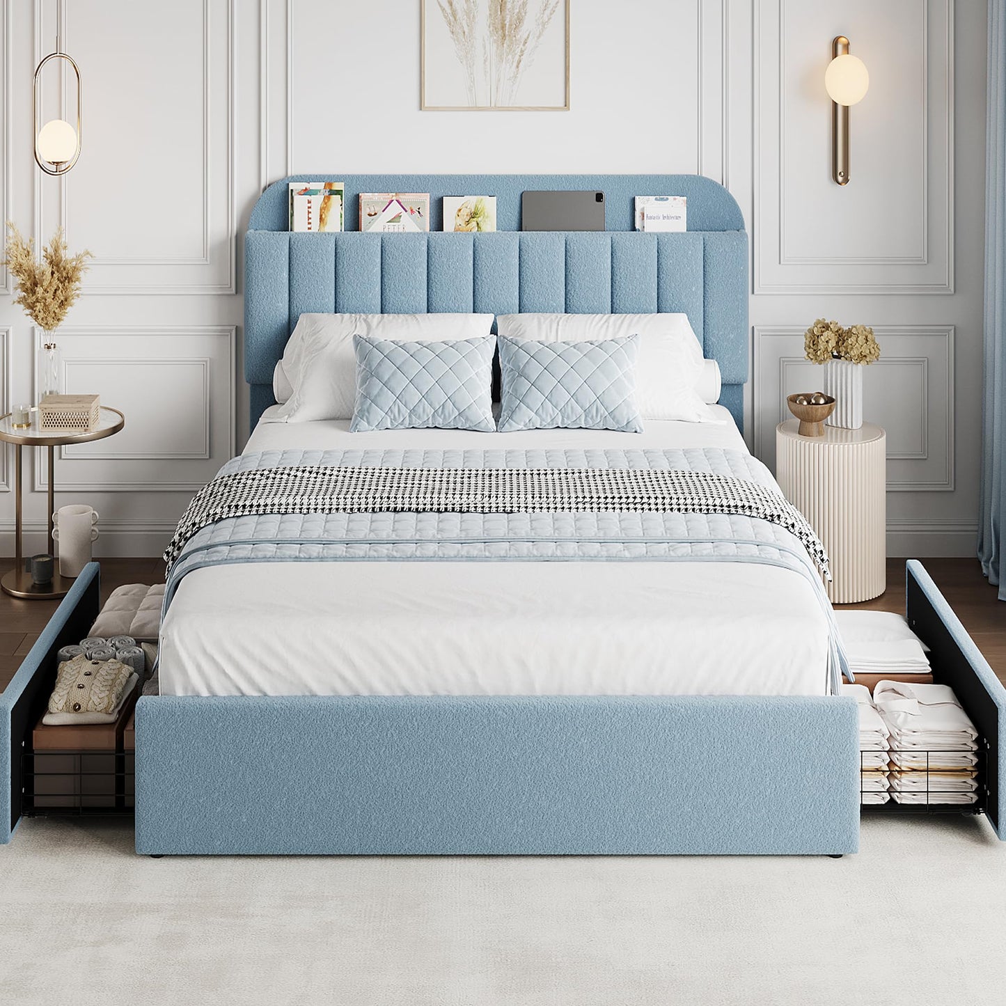 GAOMON Full Bed Frame with Storage Headboard, Boucle Kids Bed Frame with 2 Drawers, Upholstered Platform Bed Frame with Bookcase, No Box Spring Needed, Noise Free, Easy Assembly, Blue