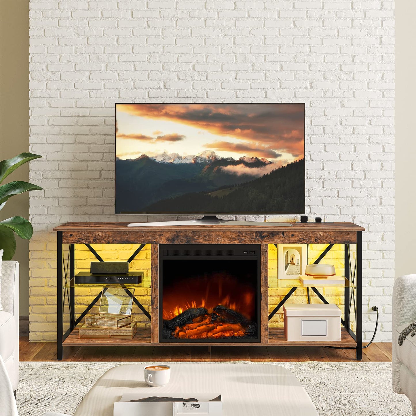 HOOBRO Fireplace TV Stand with Charging Station and LED Lights, TV Stand with Fireplace for TVs up to 65", Entertainment Center with Fireplace, Glass Shelves, Rustic Brown and Black BF140UDDS01