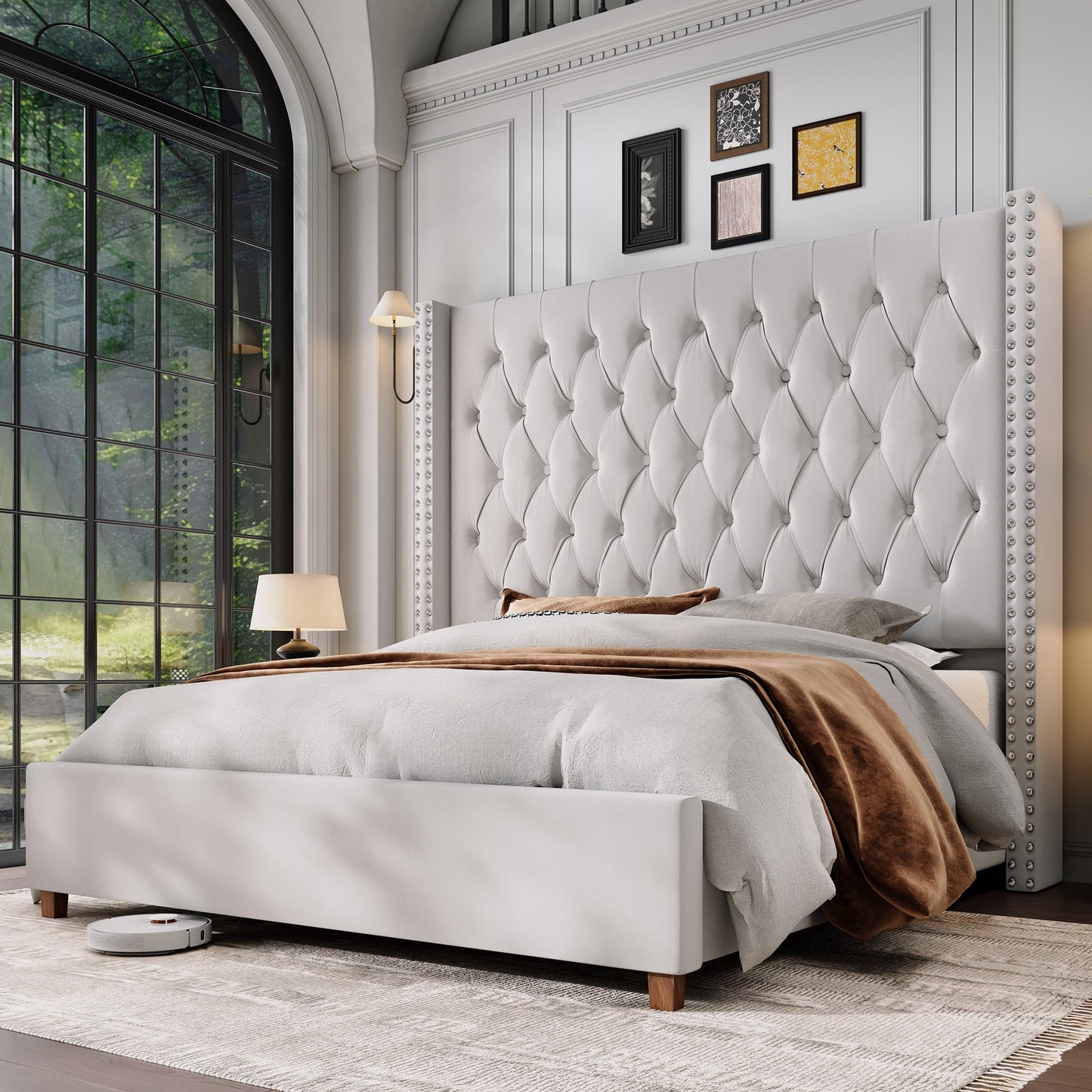 Jocisland King Size Bed Frame 61.4" Extra Tall Wingback Headboard Velvet Upholstered Deep Button Tufted Platform Bed with Solid Wood Legs & Wood Slats, No Box Spring Needed, Cream