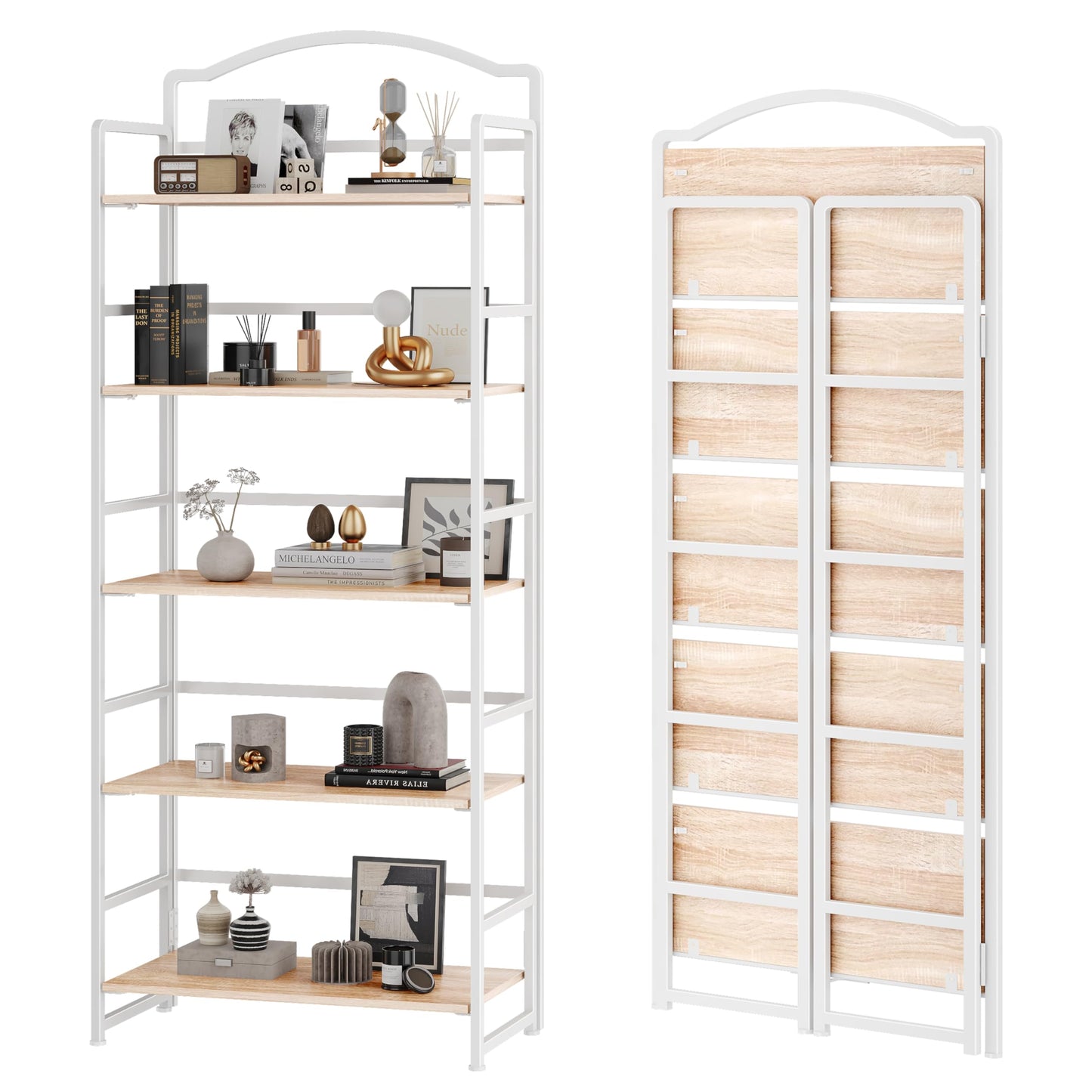 JSB 5 Tier No Assembly Folding Bookshelf, Arched Bookshelf, Foldable Bookcase for Living Room, Bedroom, Office,Skinny Bookshelf (White)