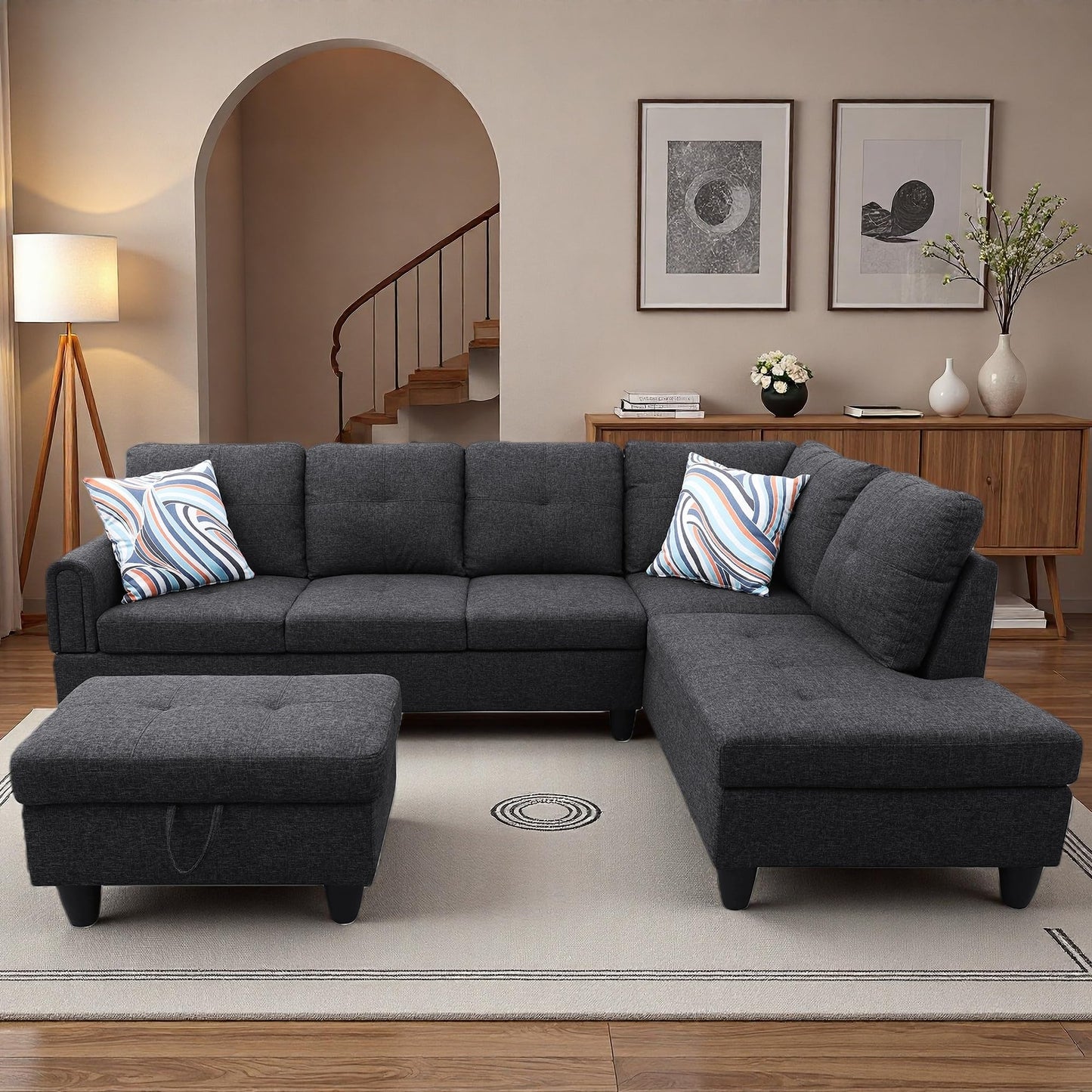Topcomfy 97.5" L Shaped Couch Set, Modular Sectional Couches for Living Room with Storage Ottoman, 4 Seat Home Sofa Living Room Furniture Sets with Chaise for Apartment Office (Linen, Black Grey)