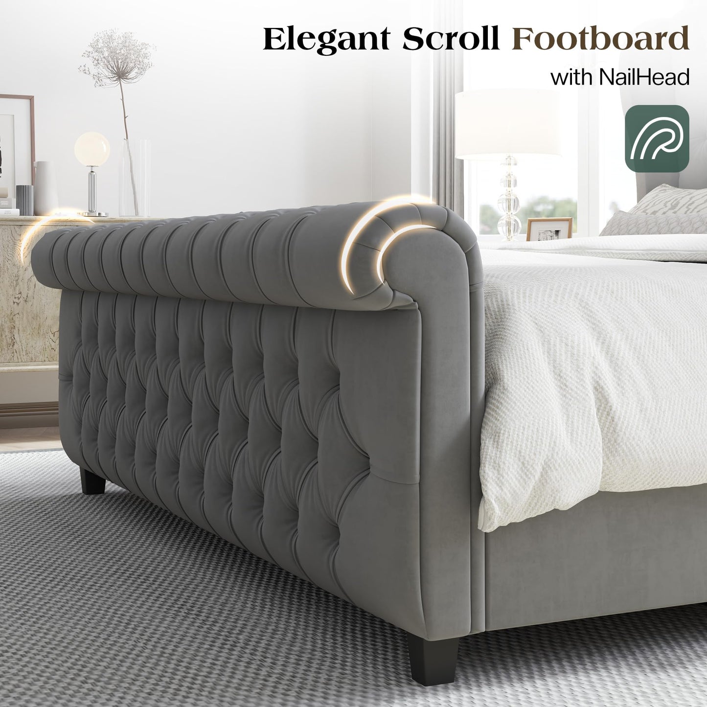 LUXOAK California King Size Platform Bed Frame, Velvet Upholstered Sleigh Bed with Curved Headboard & Footboard, Deep Button Tufted, Wood Slats Support, No Box Spring Needed, Grey