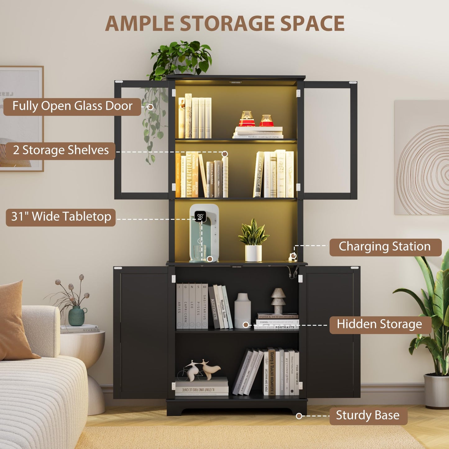 72" Tall Black Kitchen Hutch Cabinet with Glass Doors, 41" Wide Freestanding Storage Cabinet with Charging Station & LED Lights, Open Counter Shelf and Double Lower Doors, Farmhouse Buffet for Dining