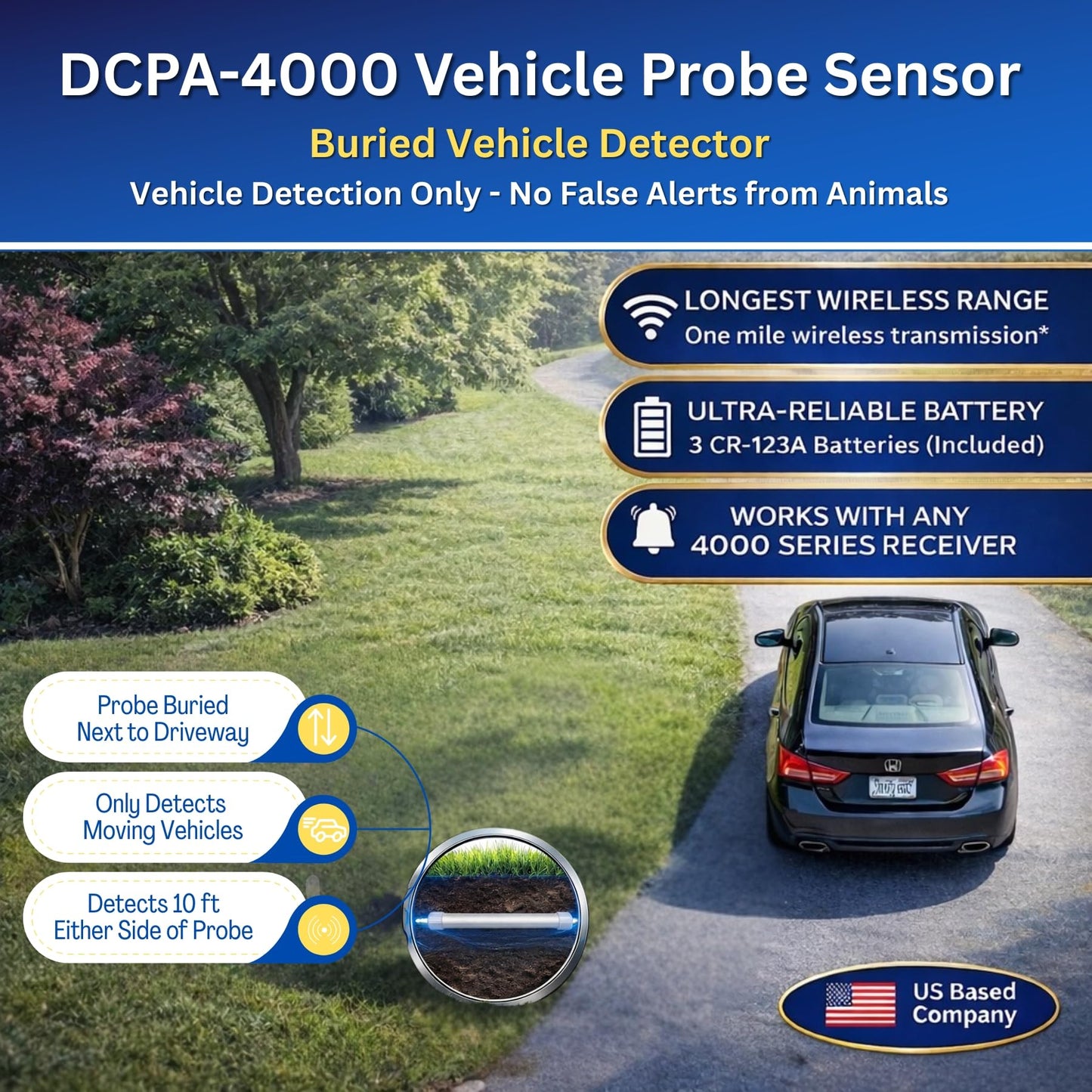 Dakota Alert Wireless Driveway Alarm System Complete Kit – DCPA-4000 Vehicle Detection Probe Sensor with DCR-4000 Receiver Bonus Kit– 1 Mile Long Range – Bonus UT-4000 Universal Transmitter