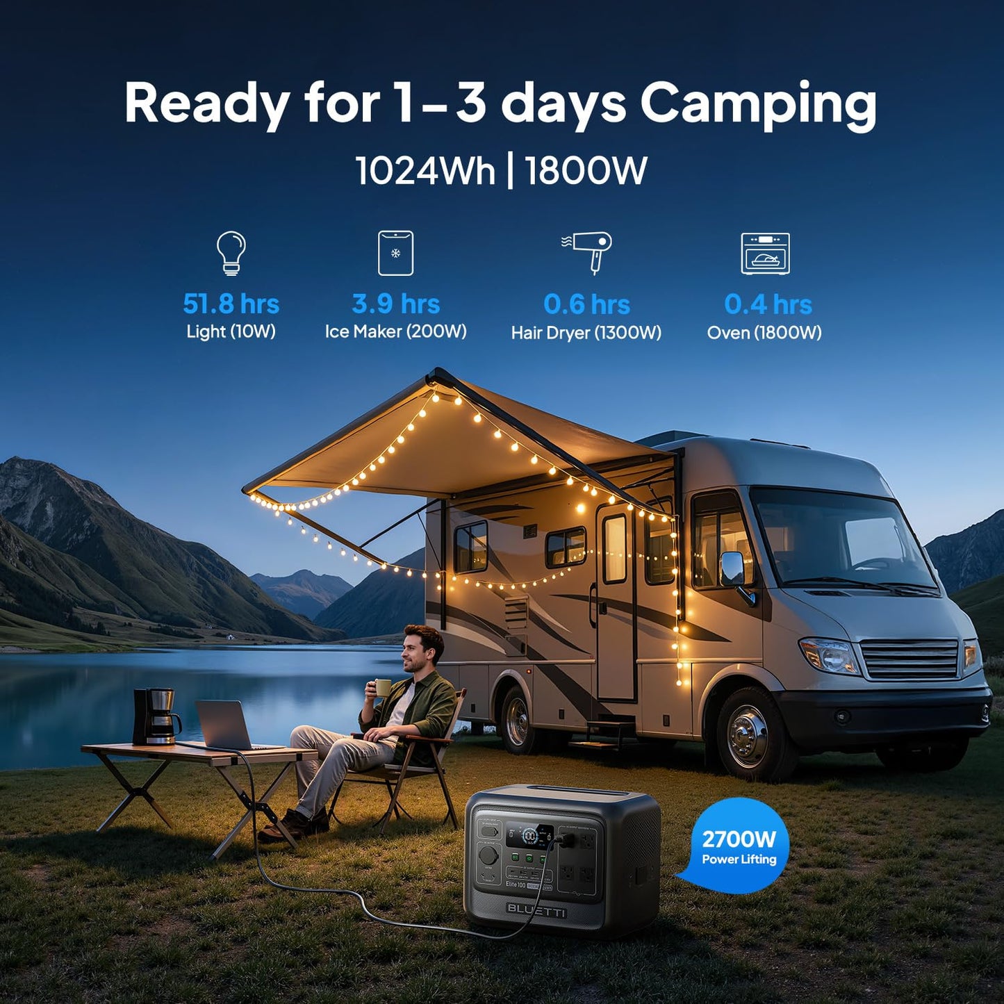 BLUETTI Elite 100 V2 Portable Power Station and Solar Cable, 1024Wh LFP Battery Backup w/ 4 1800W AC Ports (3600W Surge), 35% Smaller, Fast Charge and UPS Solar Generator for Camping, Road Trip