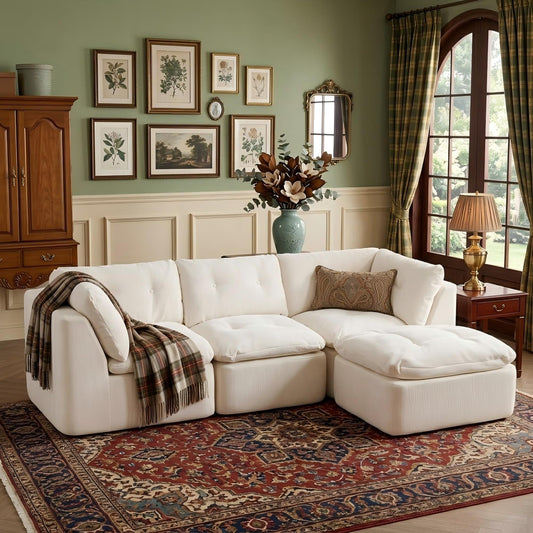 Tufted Cushions Cloud Sectional Boneless Sectional Sofa with Movable Ottoman, 112" Oversized Modular Convertible L Shaped Corner Couch with Deep Seat,Memory Foam Compressed Sofa