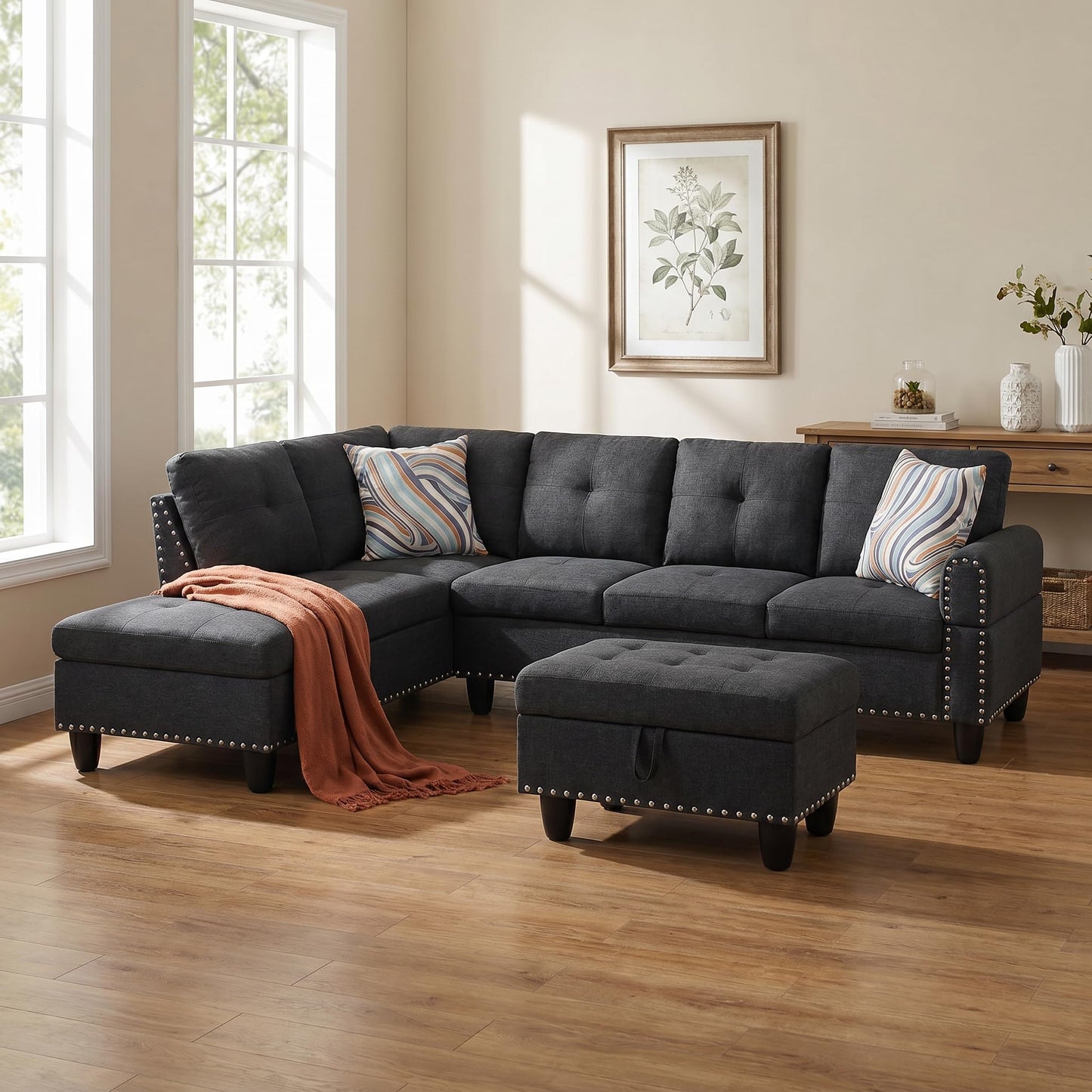 Trygoal 97.5" Linen L Shaped Couch with Left Chaise & Cup Holder, Sectional Sofas Modular Furniture Set with Storage Ottoman, Convertible Couches for Living Room, Small Space & Office (Black)