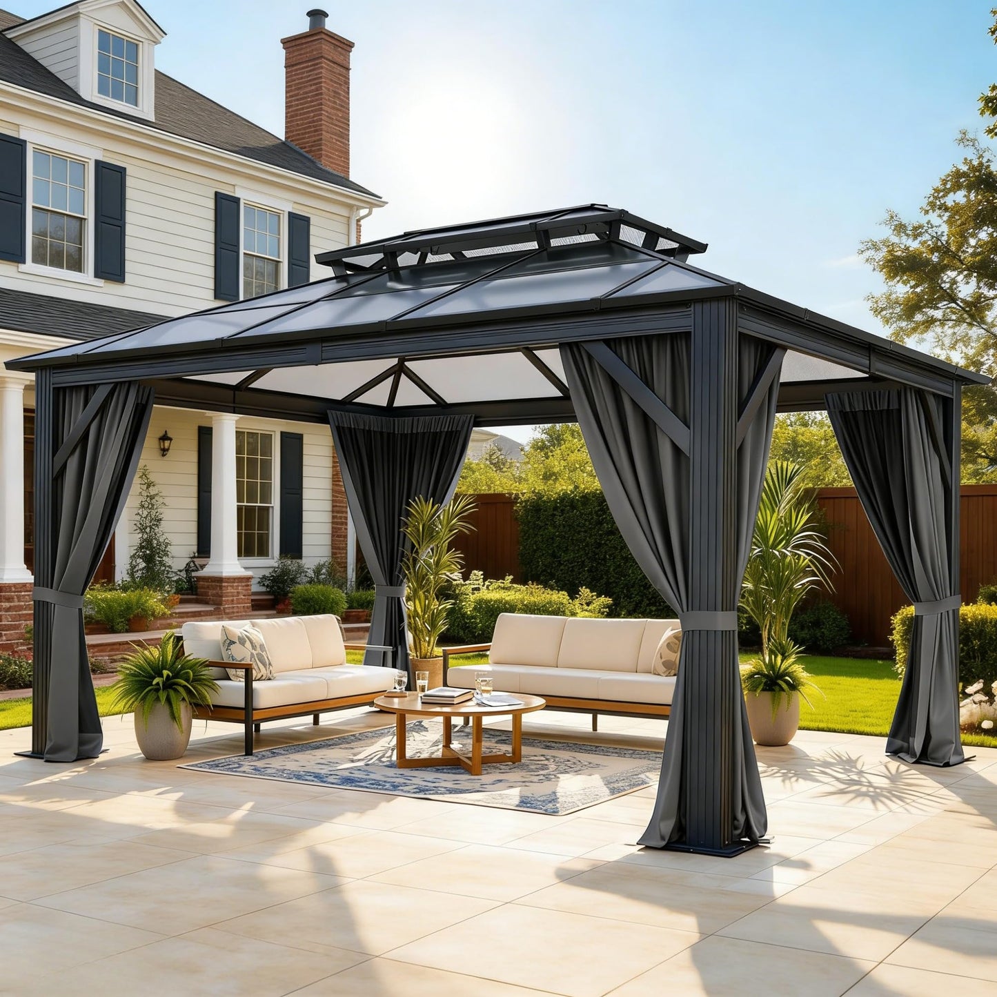 YITAHOME 10X12FT Polycarbonate Gazebo Outdoor Patio Double Top Canopy Galvanized Iron Garden Tent Curtains Netting for Backyards Decks Lawns,Gray