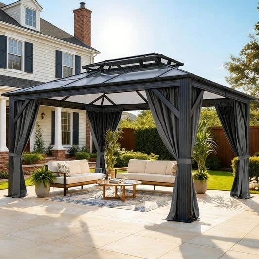YITAHOME 10X12FT Polycarbonate Gazebo Outdoor Patio Double Top Canopy Galvanized Iron Garden Tent Curtains Netting for Backyards Decks Lawns,Gray