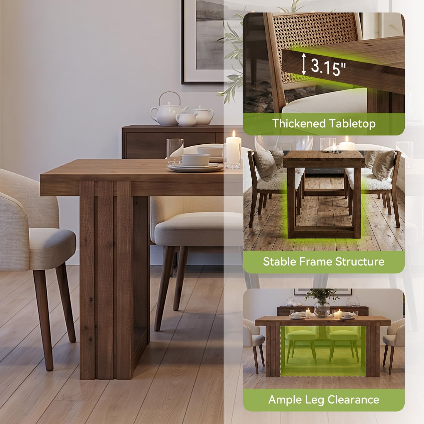LITTLE TREE Solid Wood Dining Table, 61.8” Dining Table for 4-6 People, Rectangular Wood Kitchen Table, Farmhouse Dinner Table with U-Shaped Legs for Kitchen, Dining Room, Kitchen, Rustic Brown