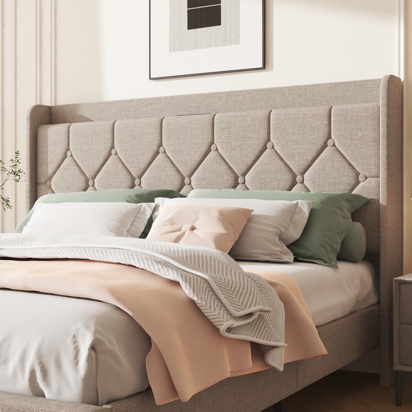 Queen Size Bed Frame with Diamond Tufted Linen Headboard & Storage Charging Port, Upholstered Platform Bed with Wood Slats & Sturdy Metal Frames, Noise-Free, No Box Spring Needed, Easy Assembly, Beige