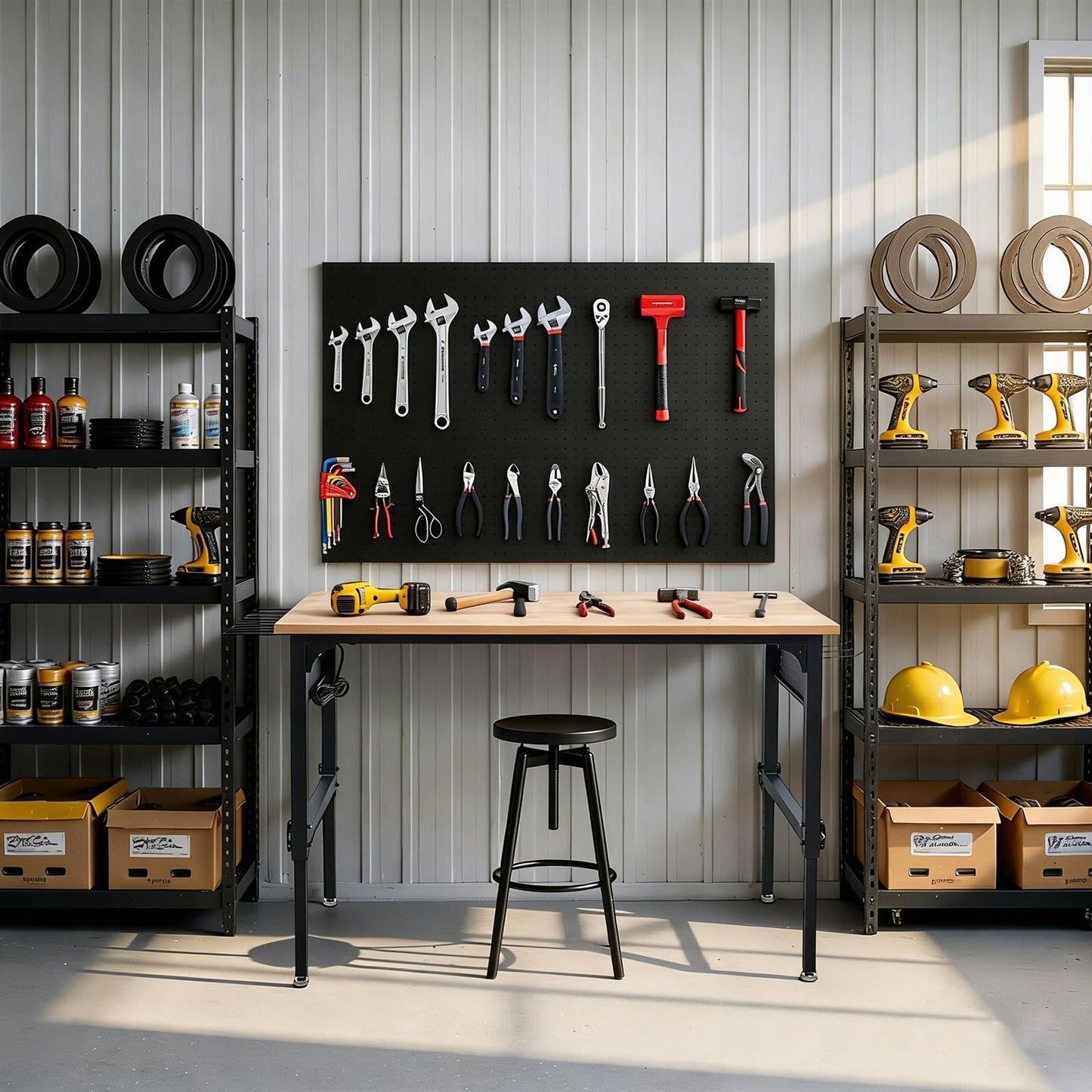 60" Heavy-Duty Garage Workbench, 2300LBS Capacity Work Table with Power Strip, Work Bench for Garage, Workshop, Office, Warehouse & Home