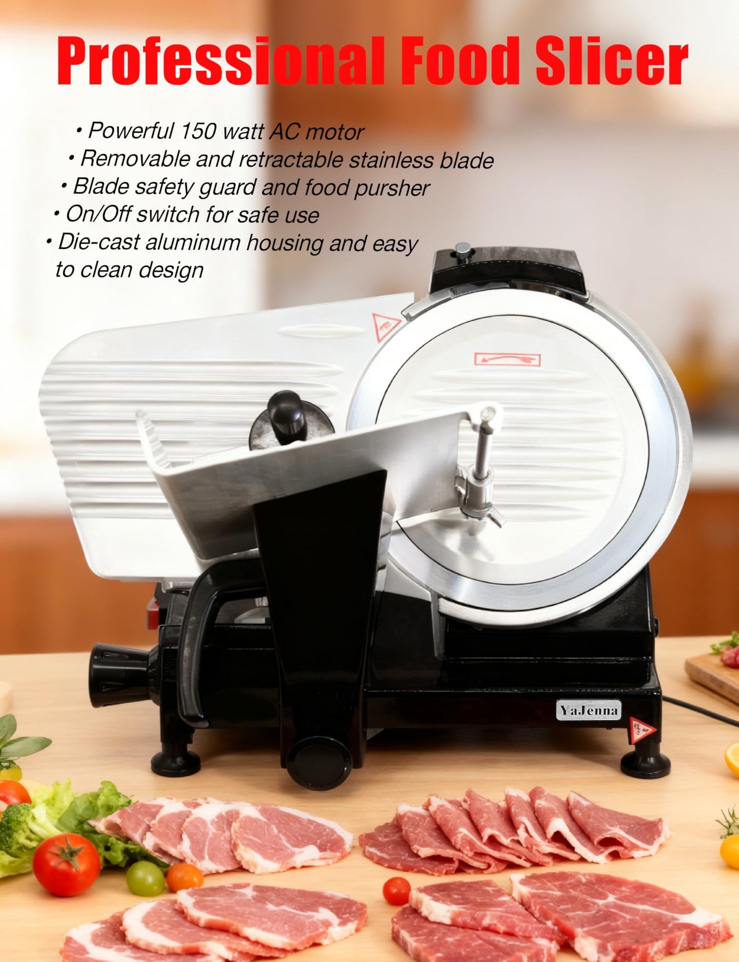 YaJenna Black Electric Meat Slicer 10" 300W Deli and Ham Food Cheese Jerky Steak Slicer Cutting Machine with ETL Approved Semi-Auto 0-15MM Adjustable Slice Thickness