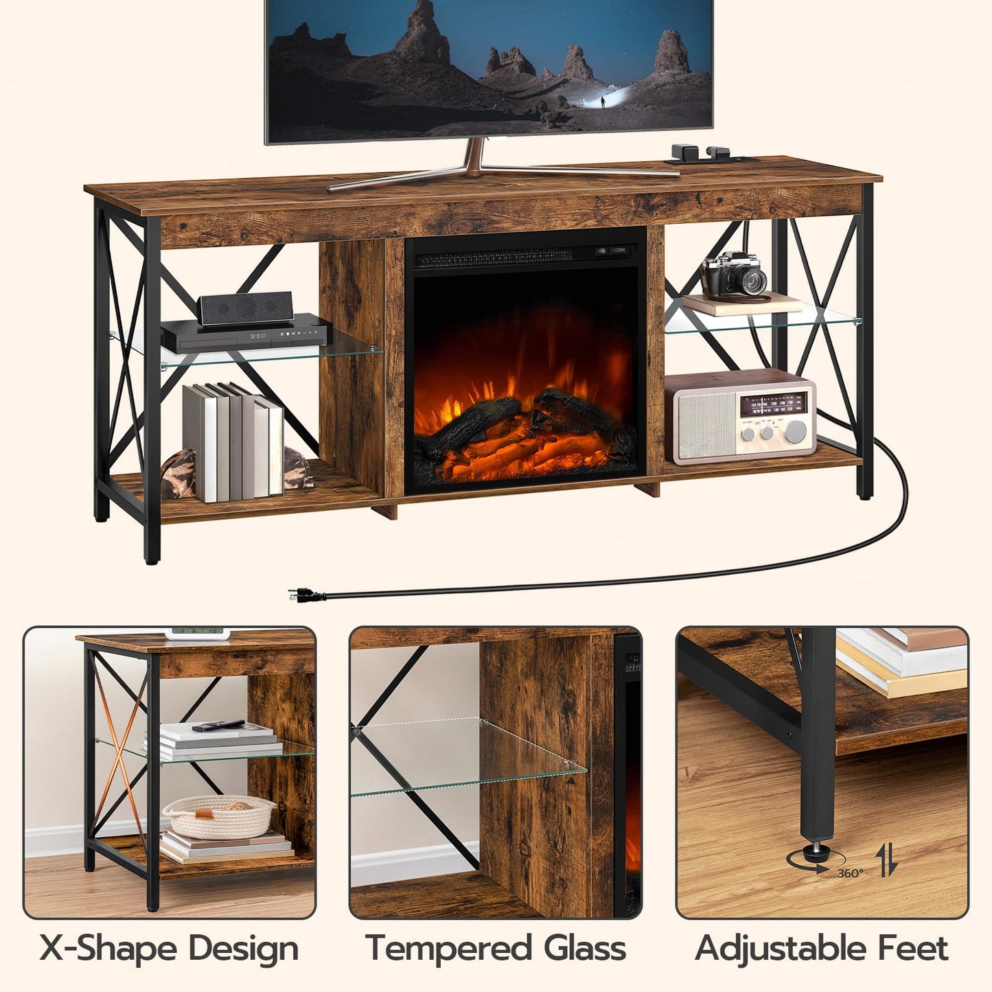 HOOBRO Fireplace TV Stand with Charging Station and LED Lights, TV Stand with Fireplace for TVs up to 65", Entertainment Center with Fireplace, Glass Shelves, Rustic Brown and Black BF140UDDS01